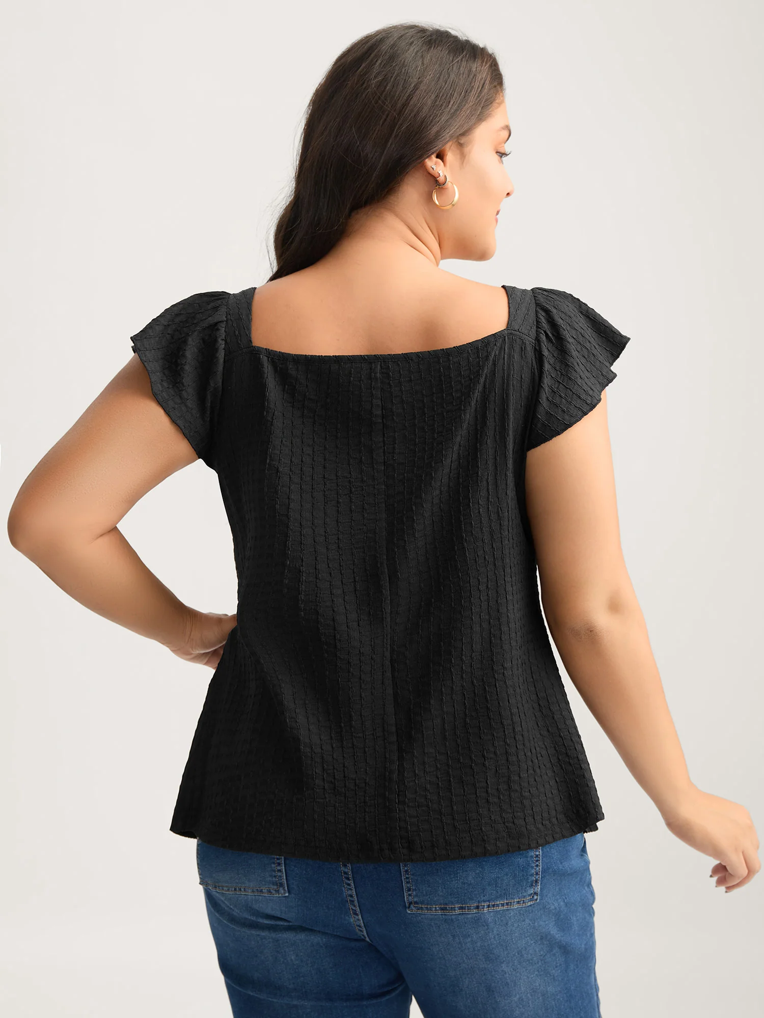 Textured Shape Button Flutter Sleeve Blouse - Image 4