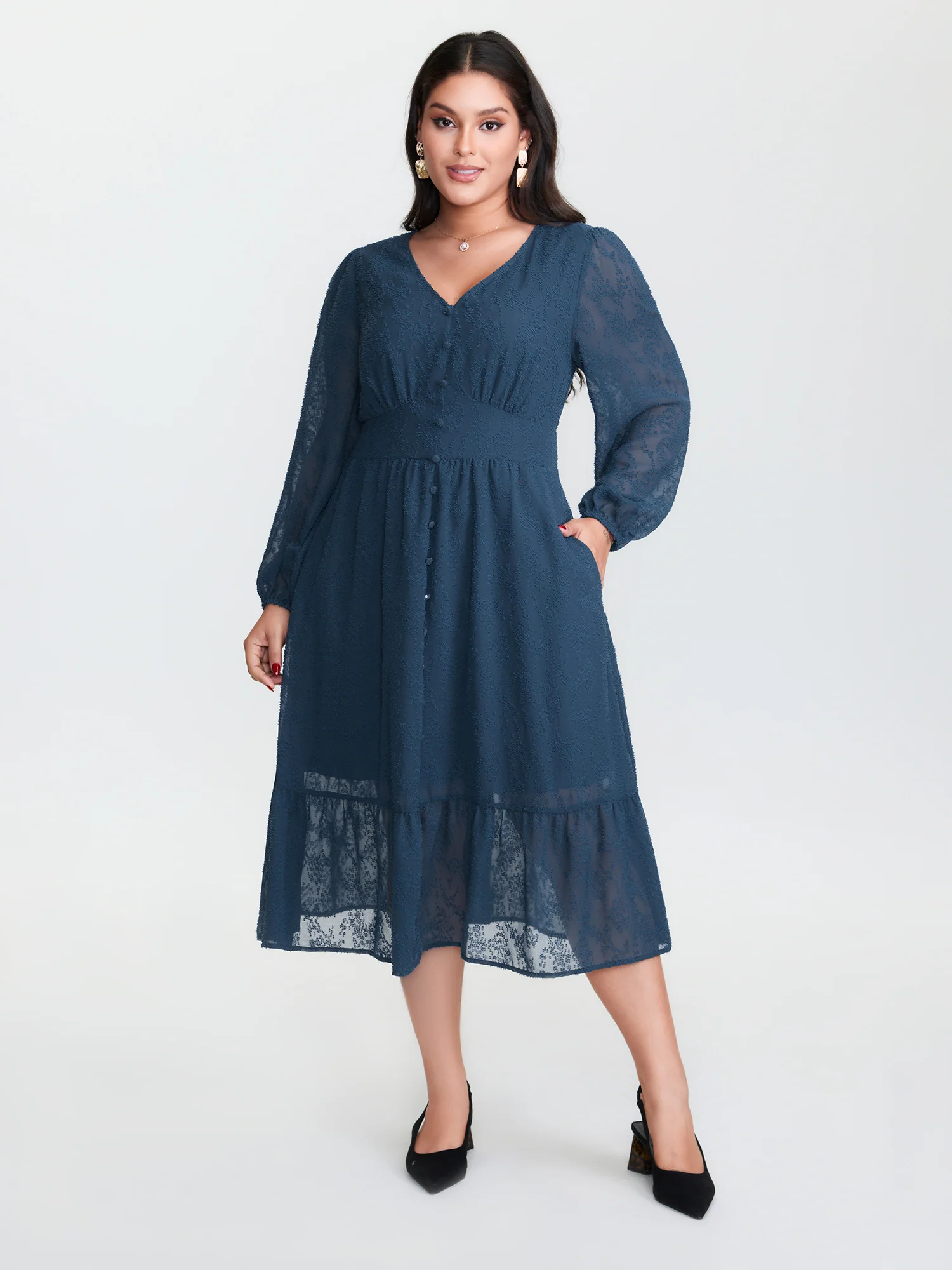 Textured Sheer Hem Waist-Defining Midi Dress - Image 2