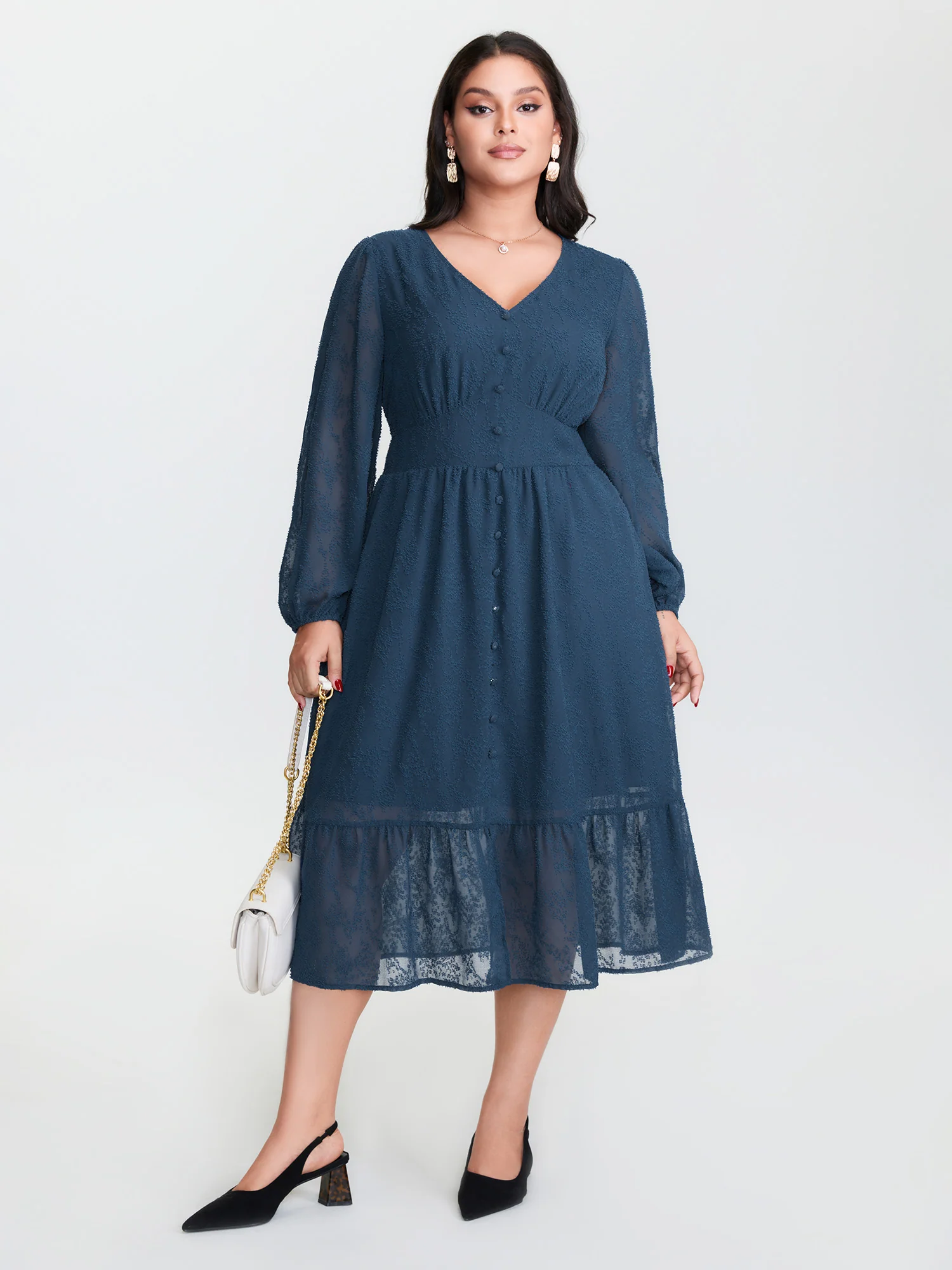 Textured Sheer Hem Waist-Defining Midi Dress - Image 3