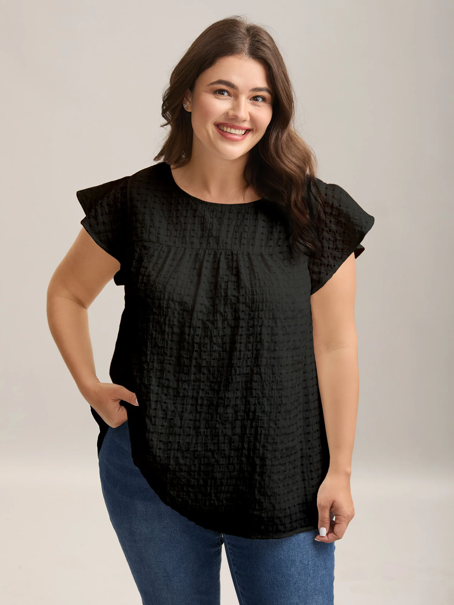 Textured Sheer Lined Flutter Sleeve Blouse - Image 12