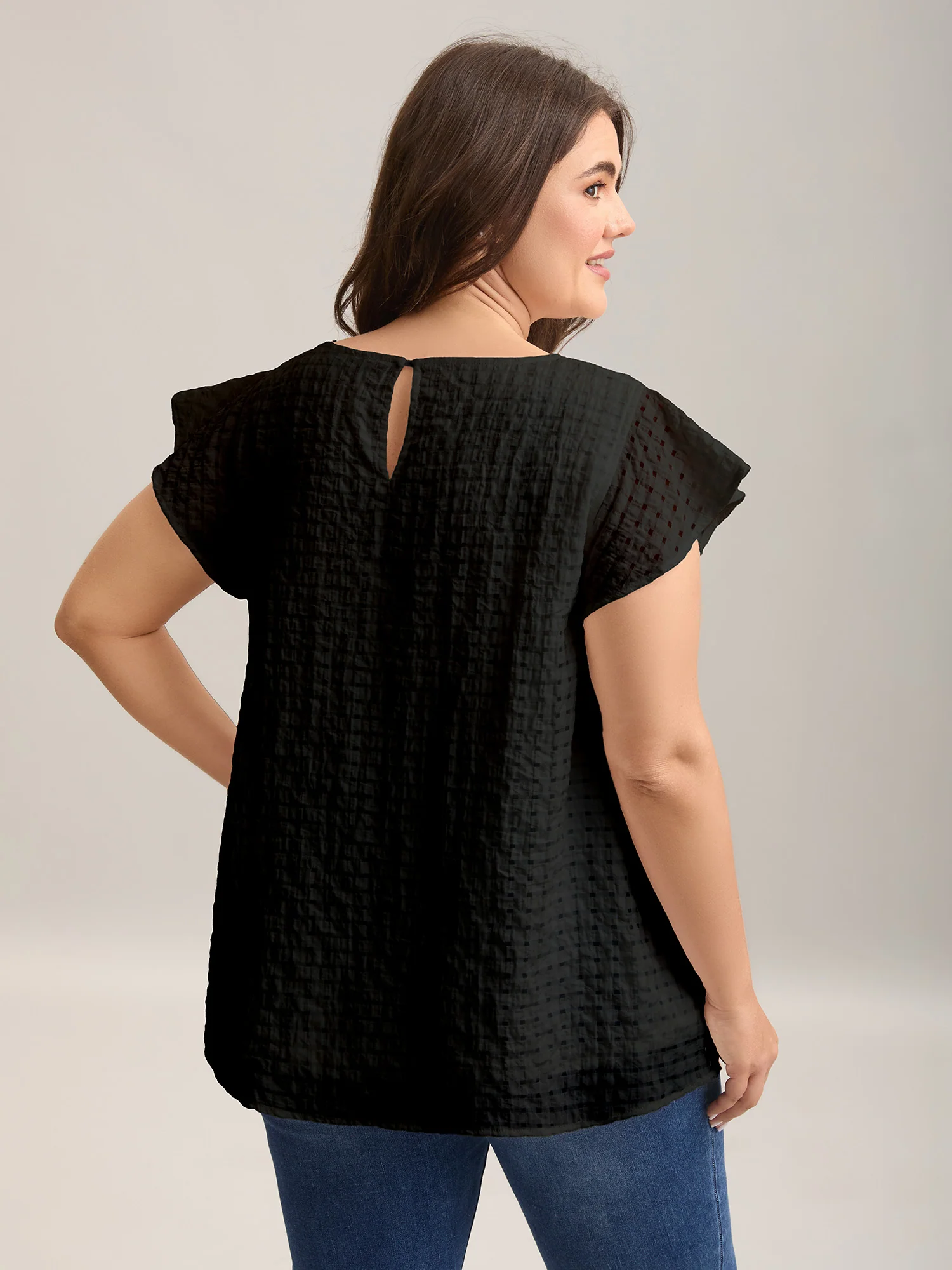 Textured Sheer Lined Flutter Sleeve Blouse - Image 13