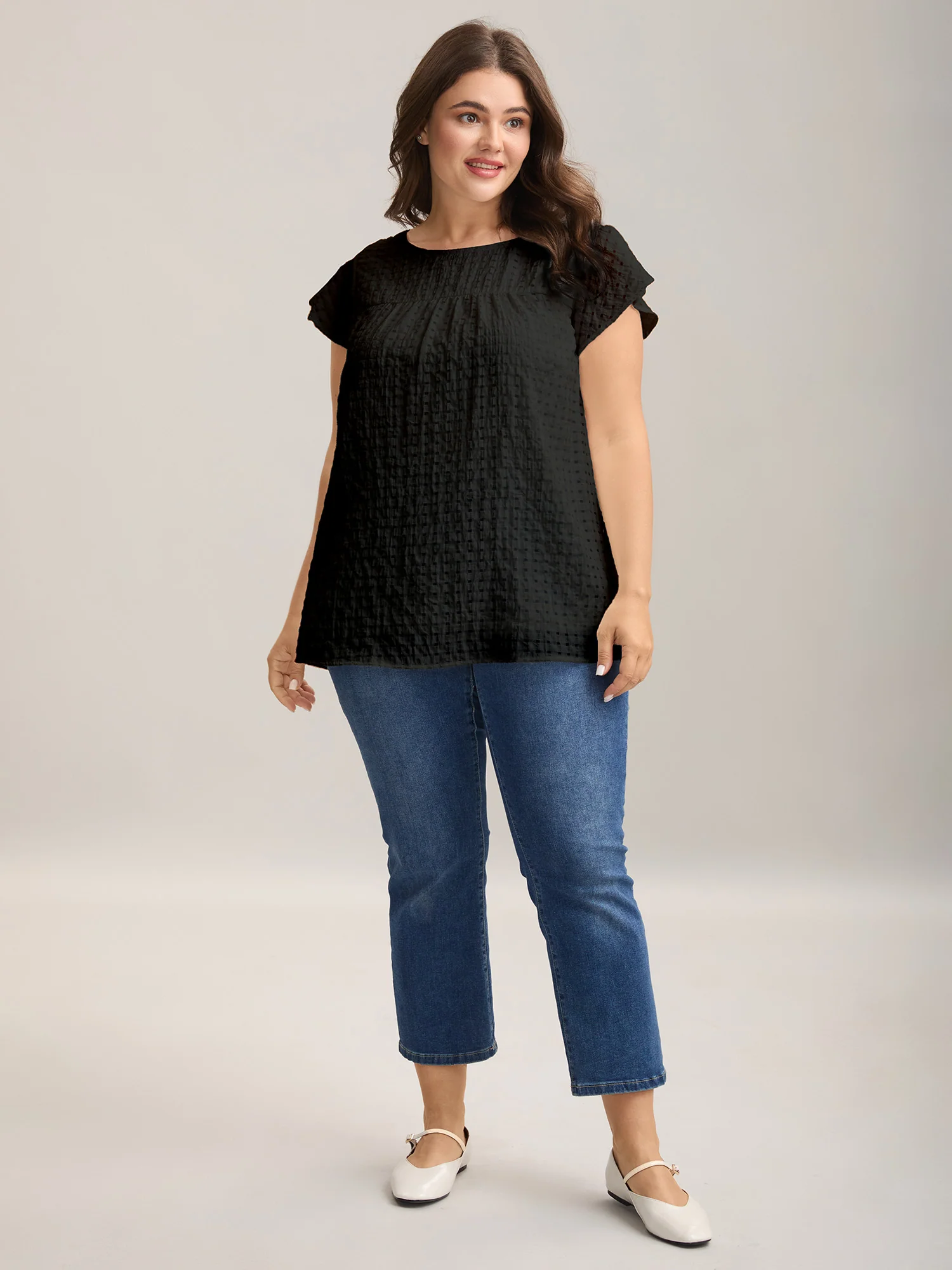 Textured Sheer Lined Flutter Sleeve Blouse - Image 14