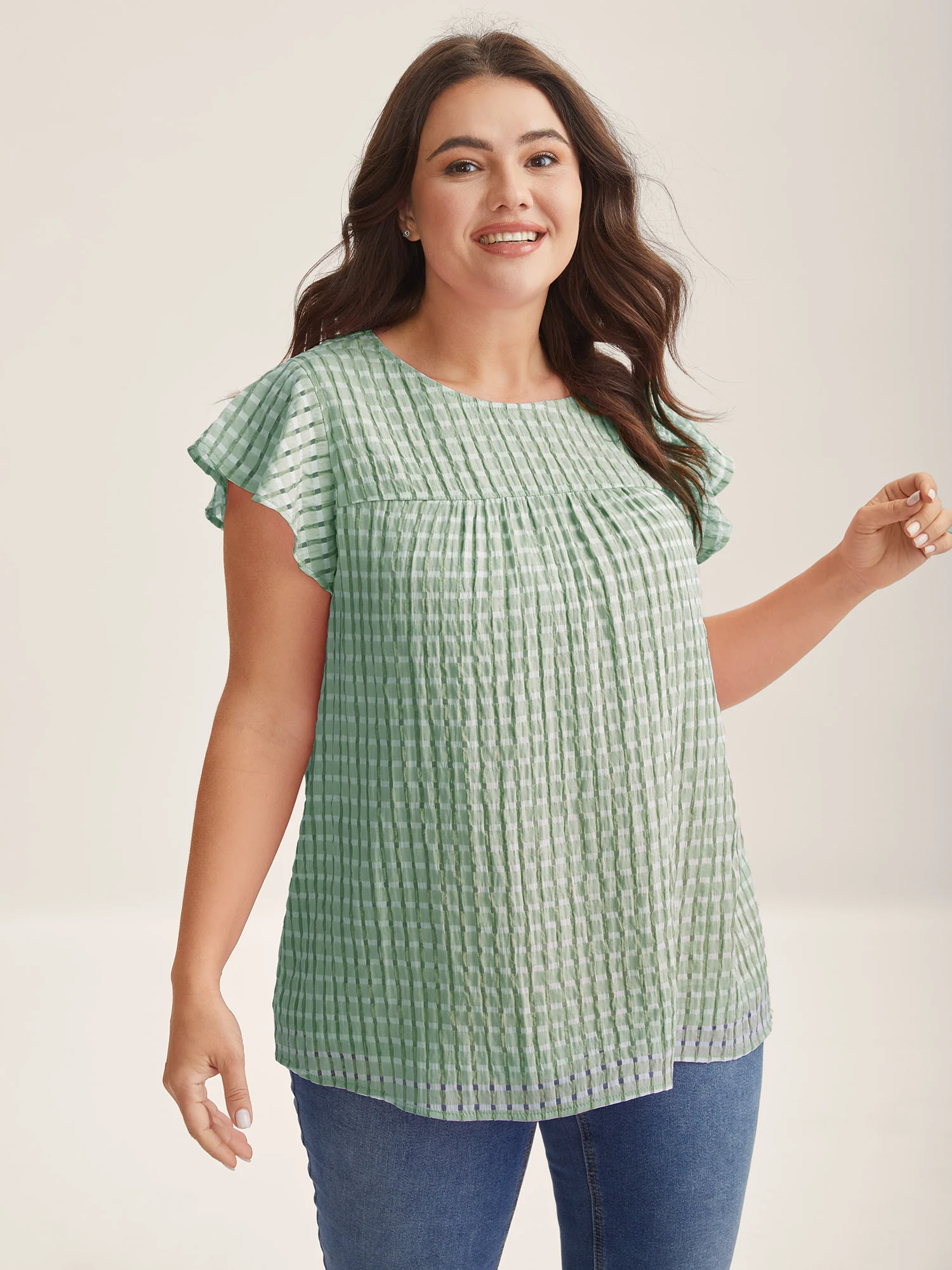 Textured Sheer Lined Flutter Sleeve Blouse - Image 20