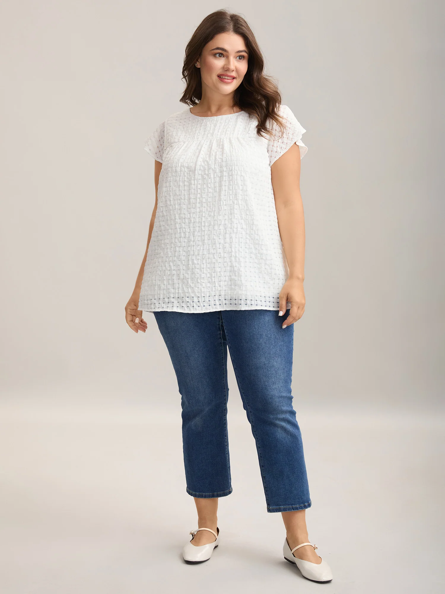 Textured Sheer Lined Flutter Sleeve Blouse - Image 3