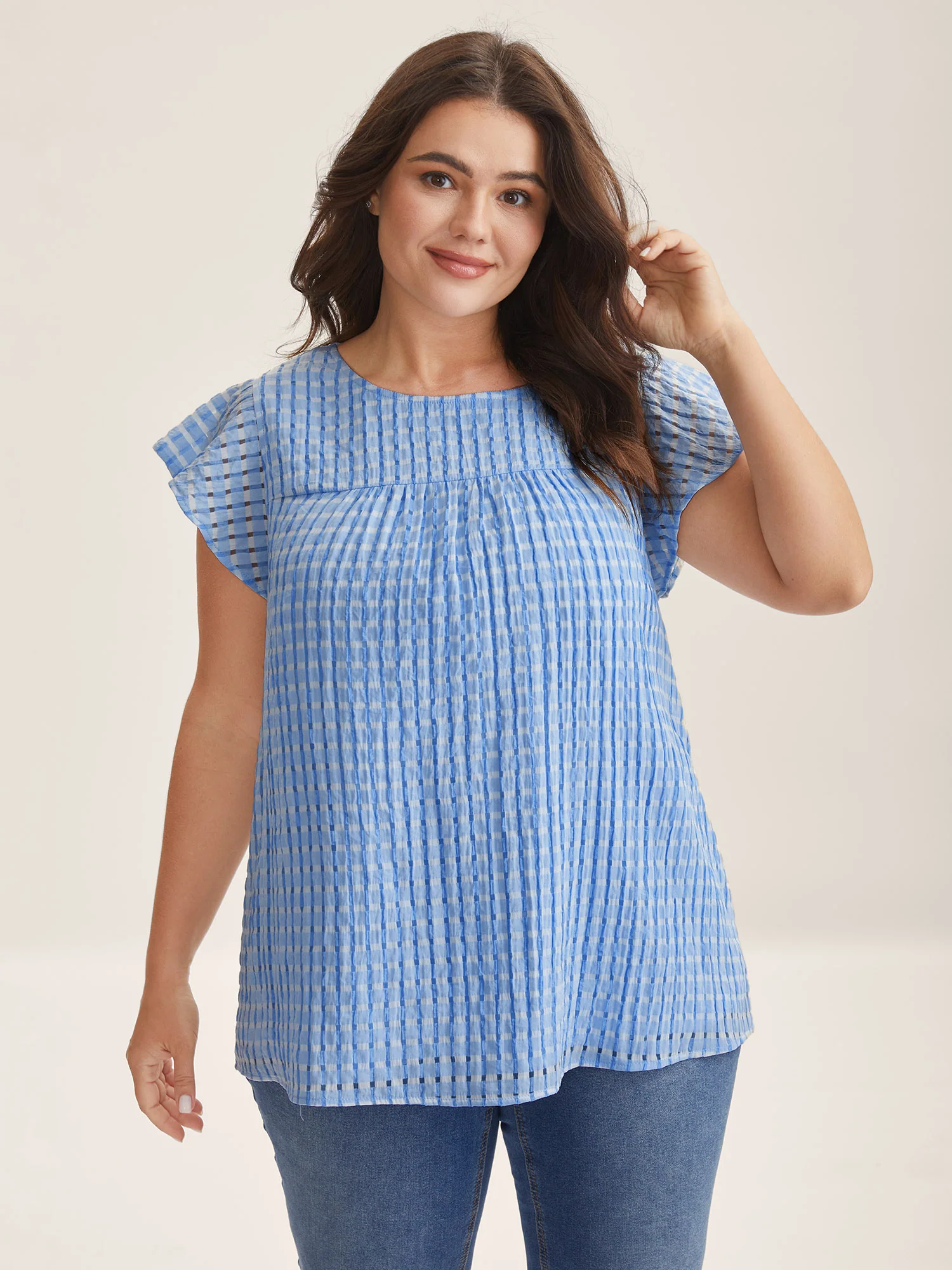Textured Sheer Lined Flutter Sleeve Blouse - Image 32