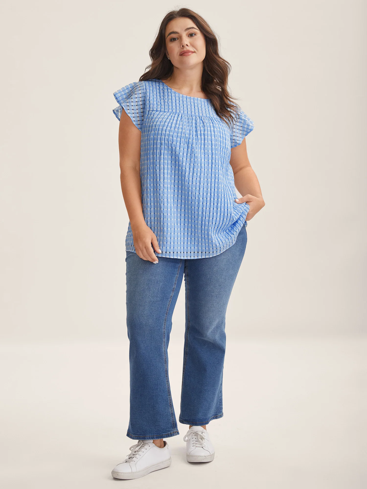 Textured Sheer Lined Flutter Sleeve Blouse - Image 34