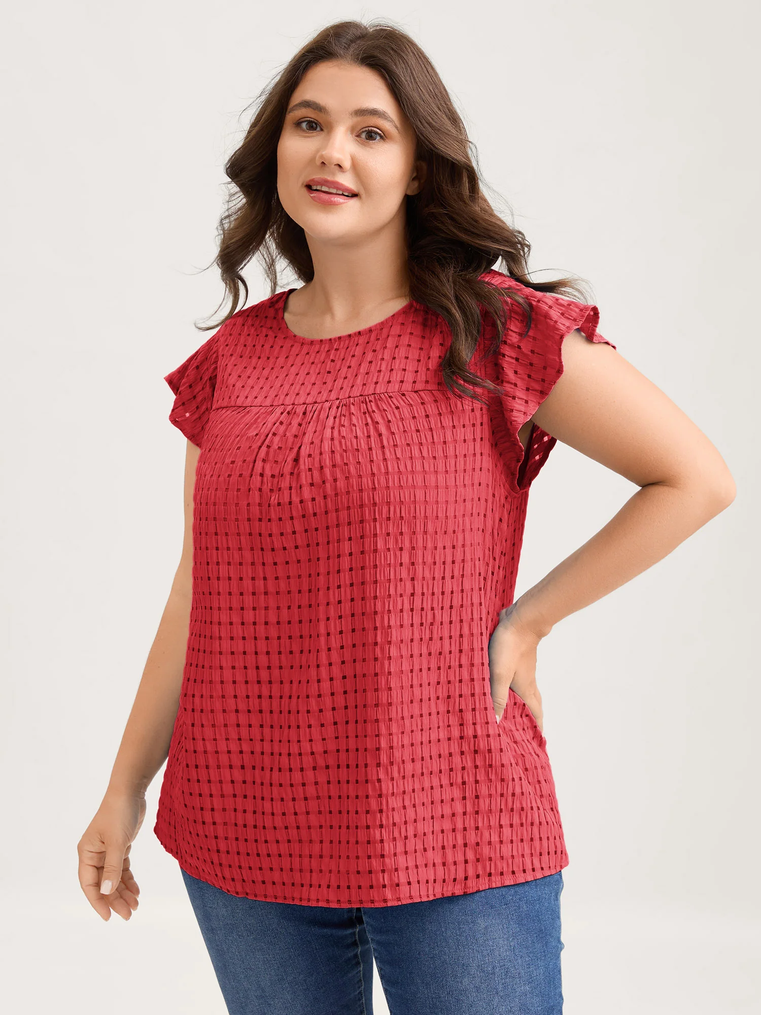 Textured Sheer Lined Flutter Sleeve Blouse - Image 8
