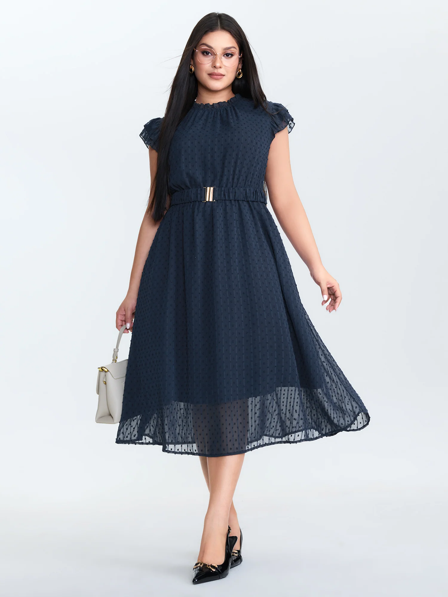 Textured Sheer Ruffled Mock Neckline Midi Dress