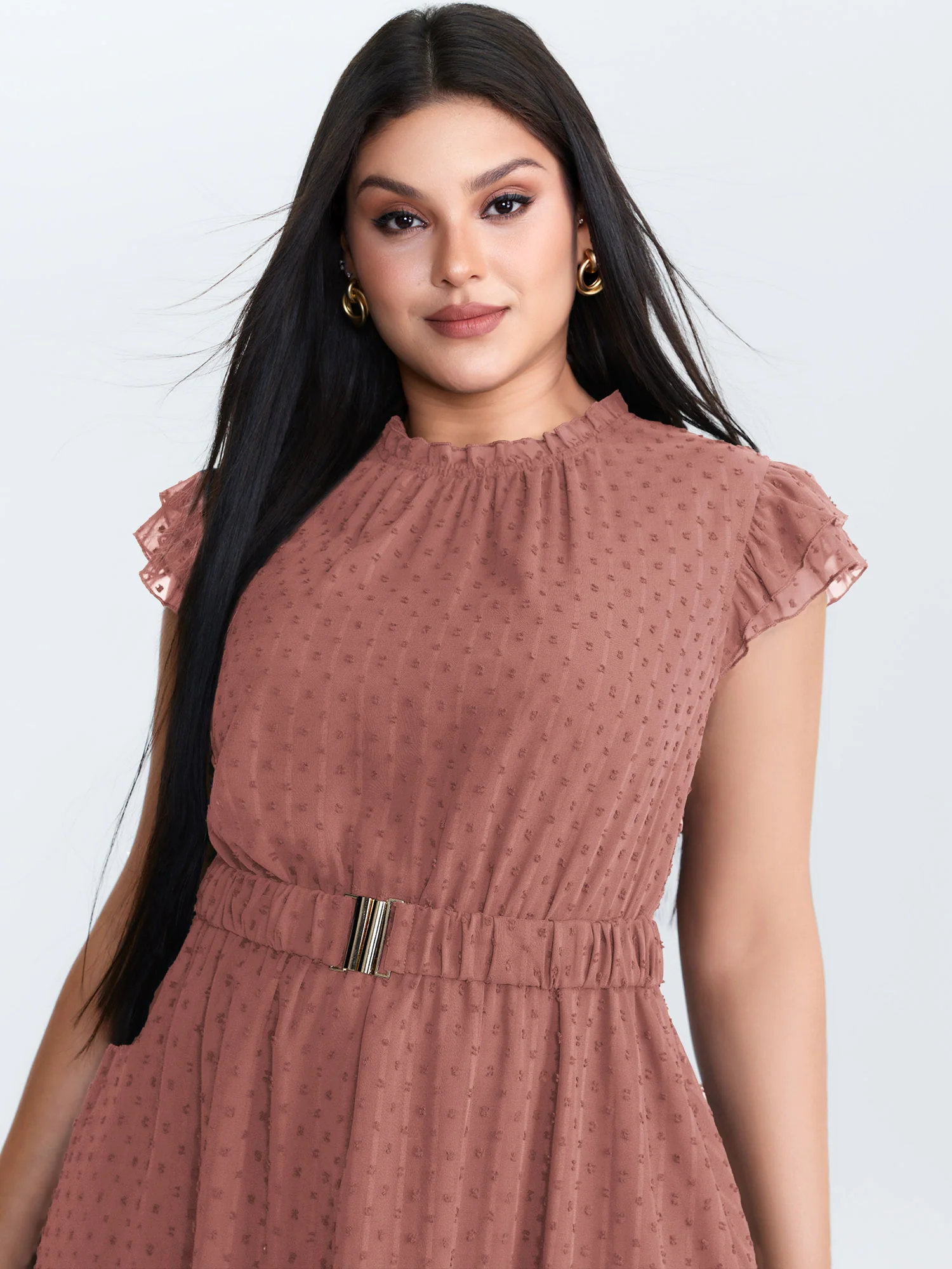 Textured Sheer Ruffled Mock Neckline Midi Dress - Image 10