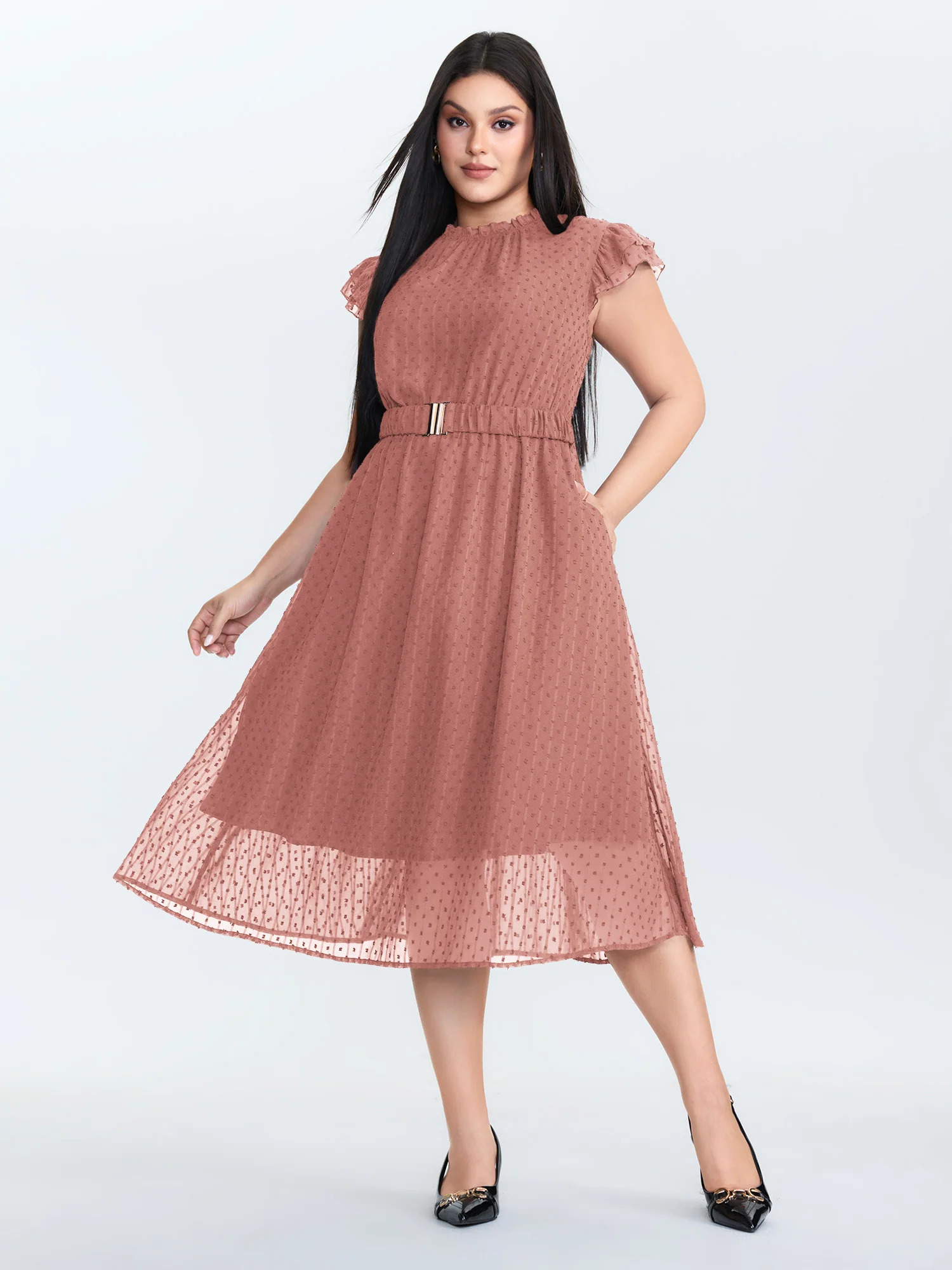 Textured Sheer Ruffled Mock Neckline Midi Dress - Image 11