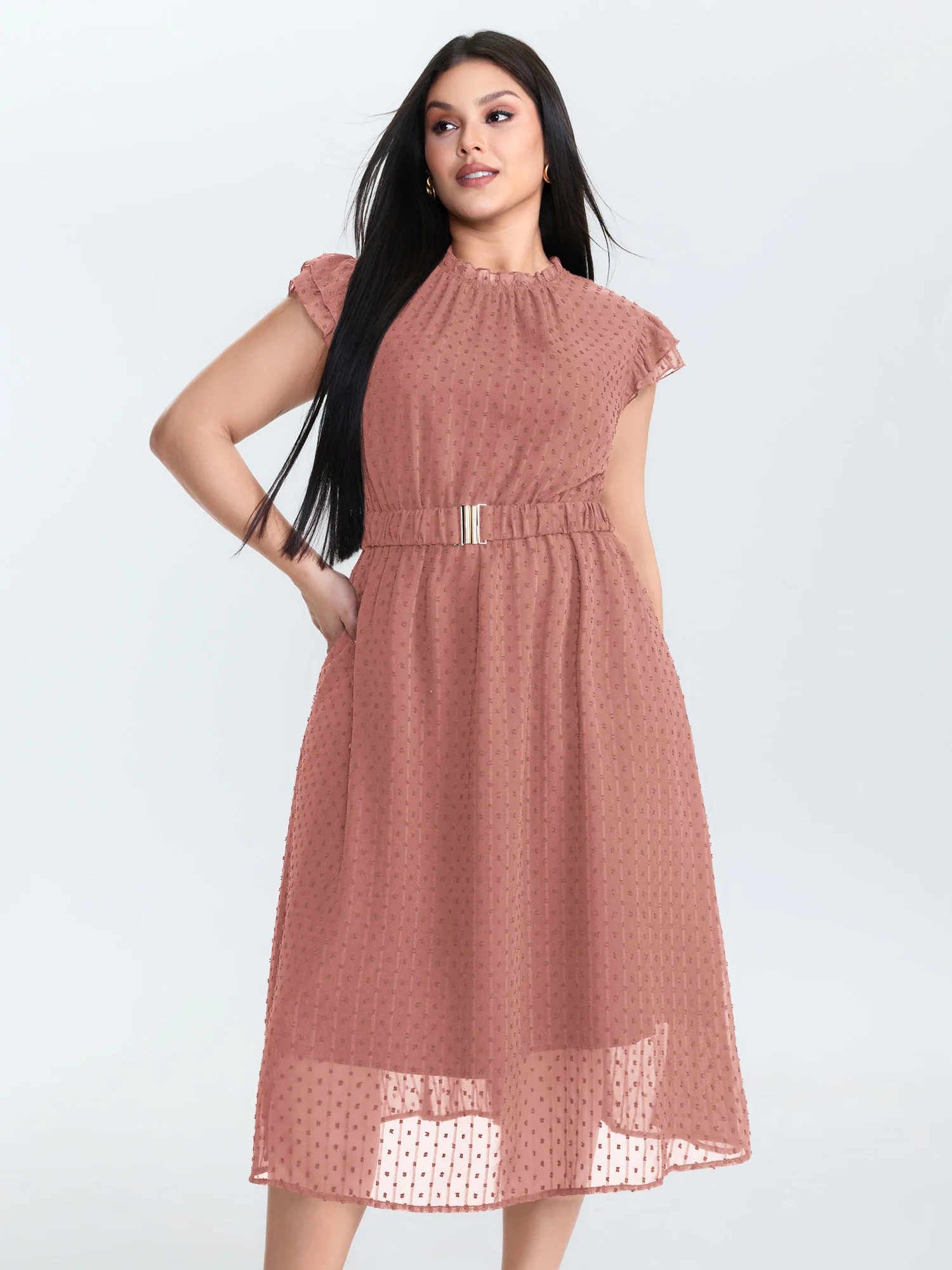 Textured Sheer Ruffled Mock Neckline Midi Dress - Image 12