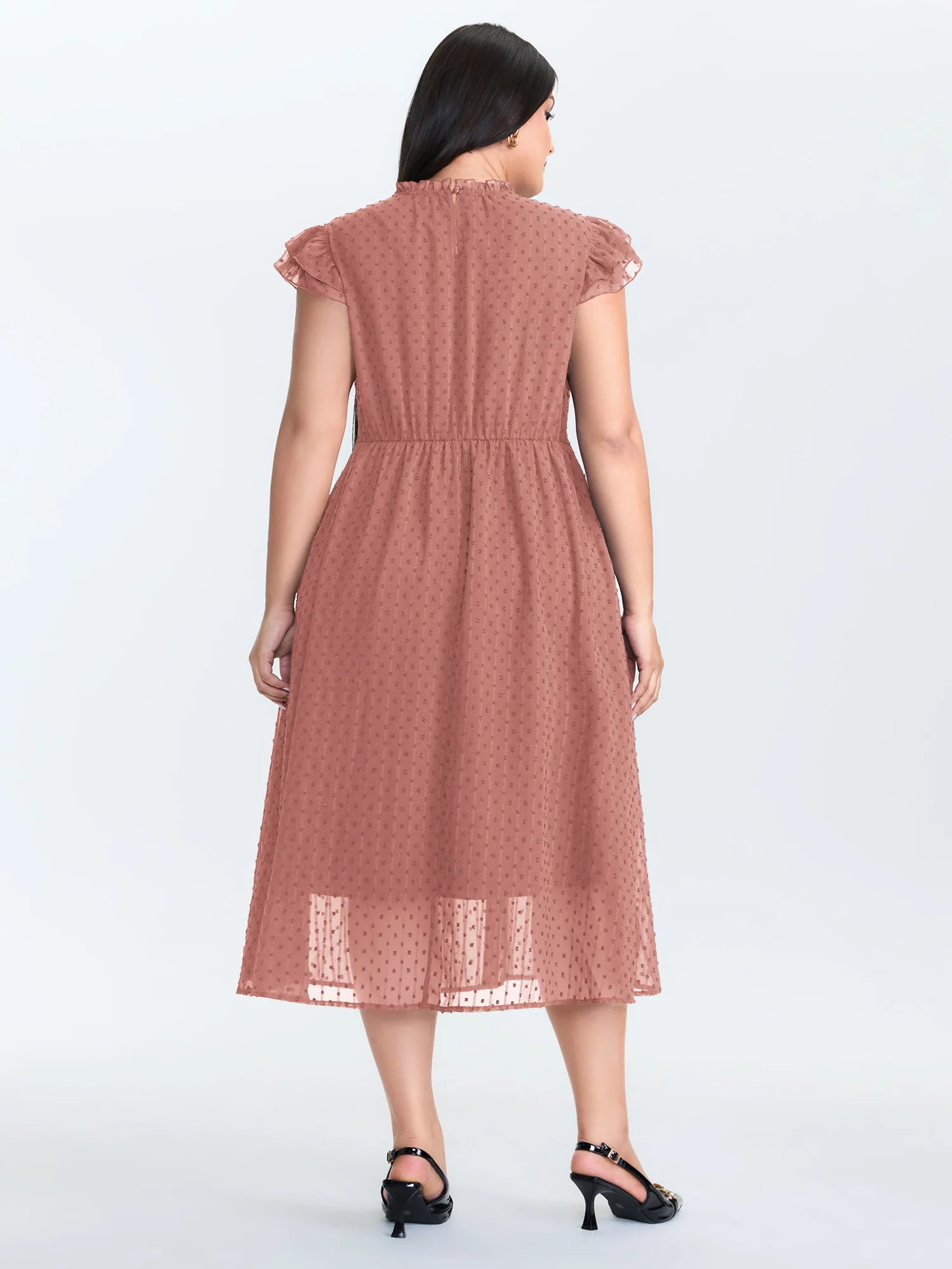 Textured Sheer Ruffled Mock Neckline Midi Dress - Image 13