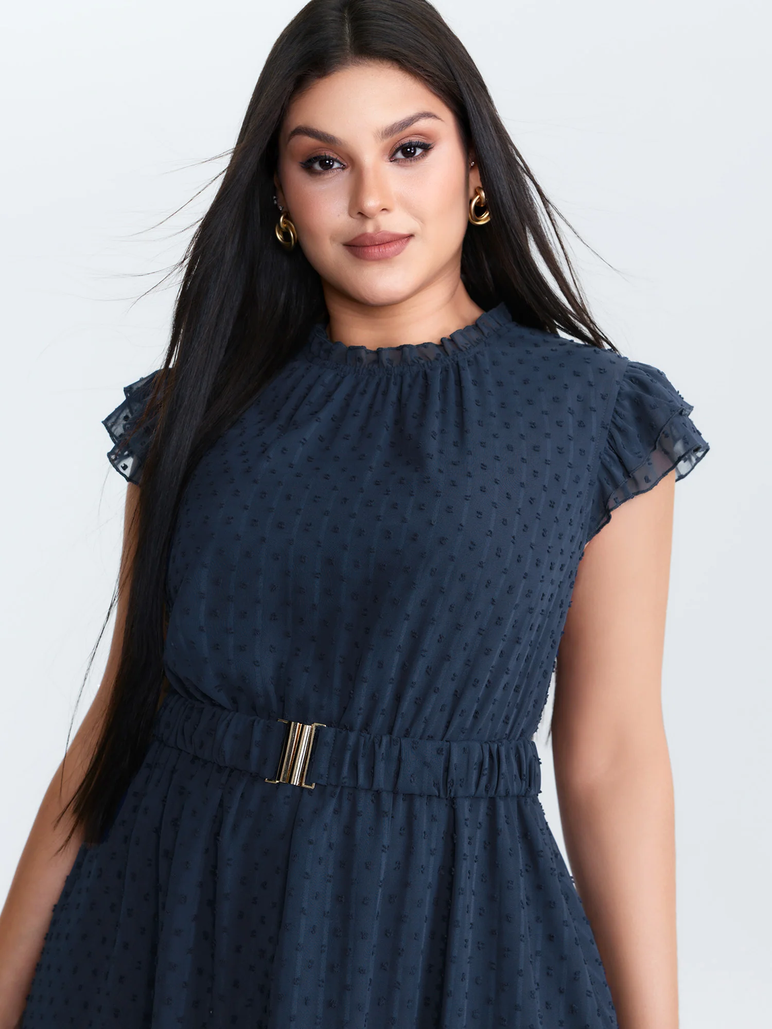 Textured Sheer Ruffled Mock Neckline Midi Dress - Image 2