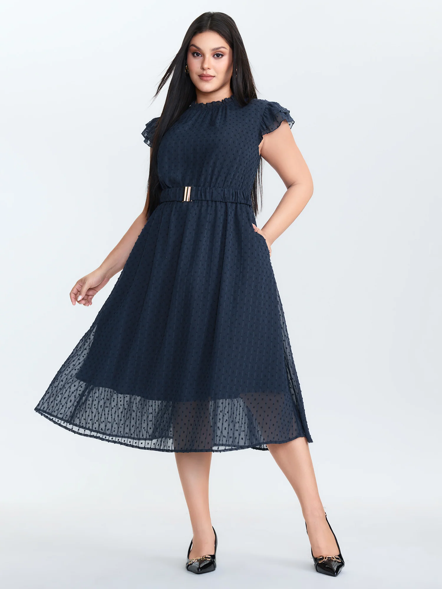 Textured Sheer Ruffled Mock Neckline Midi Dress - Image 3