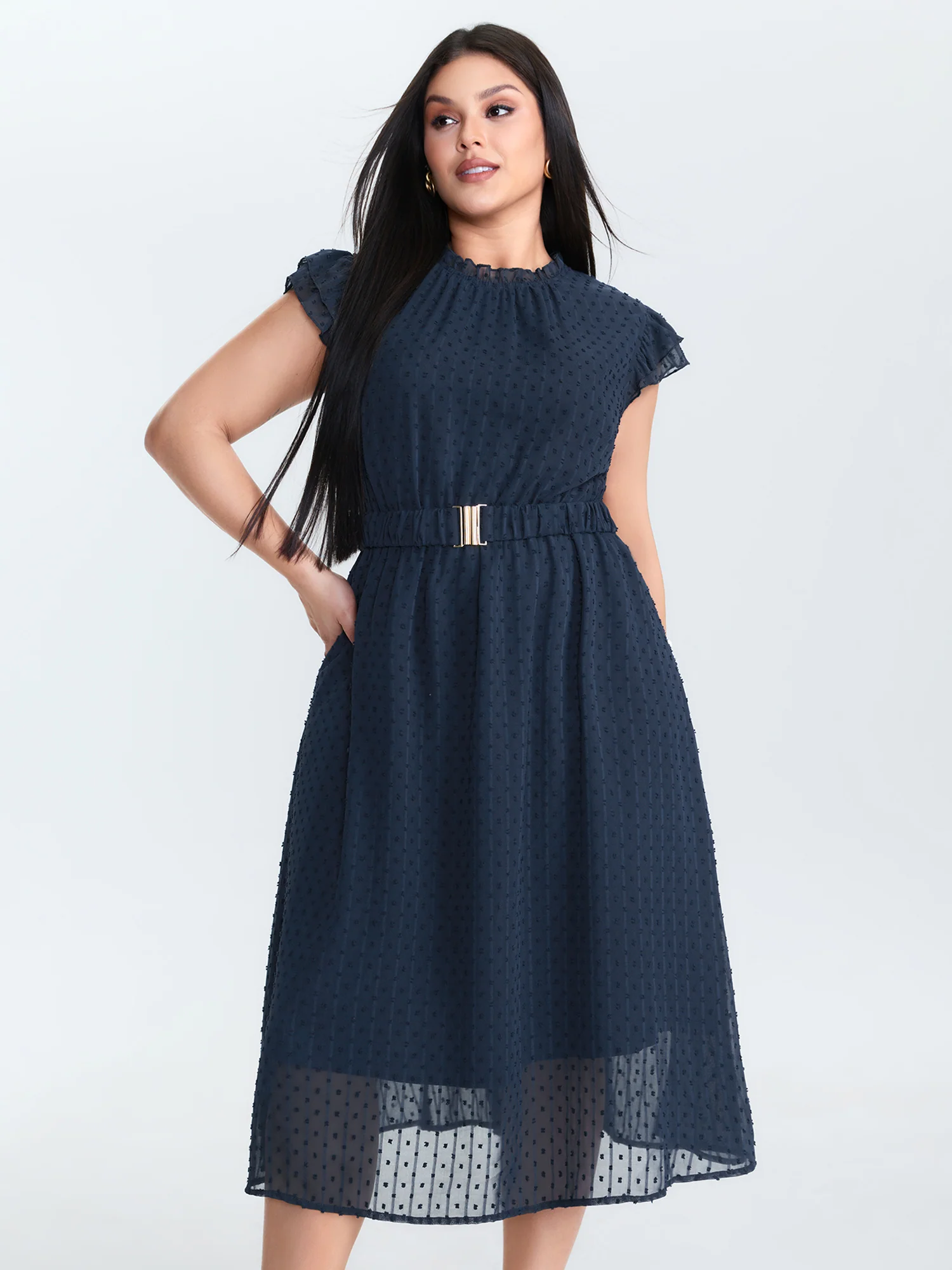 Textured Sheer Ruffled Mock Neckline Midi Dress - Image 4