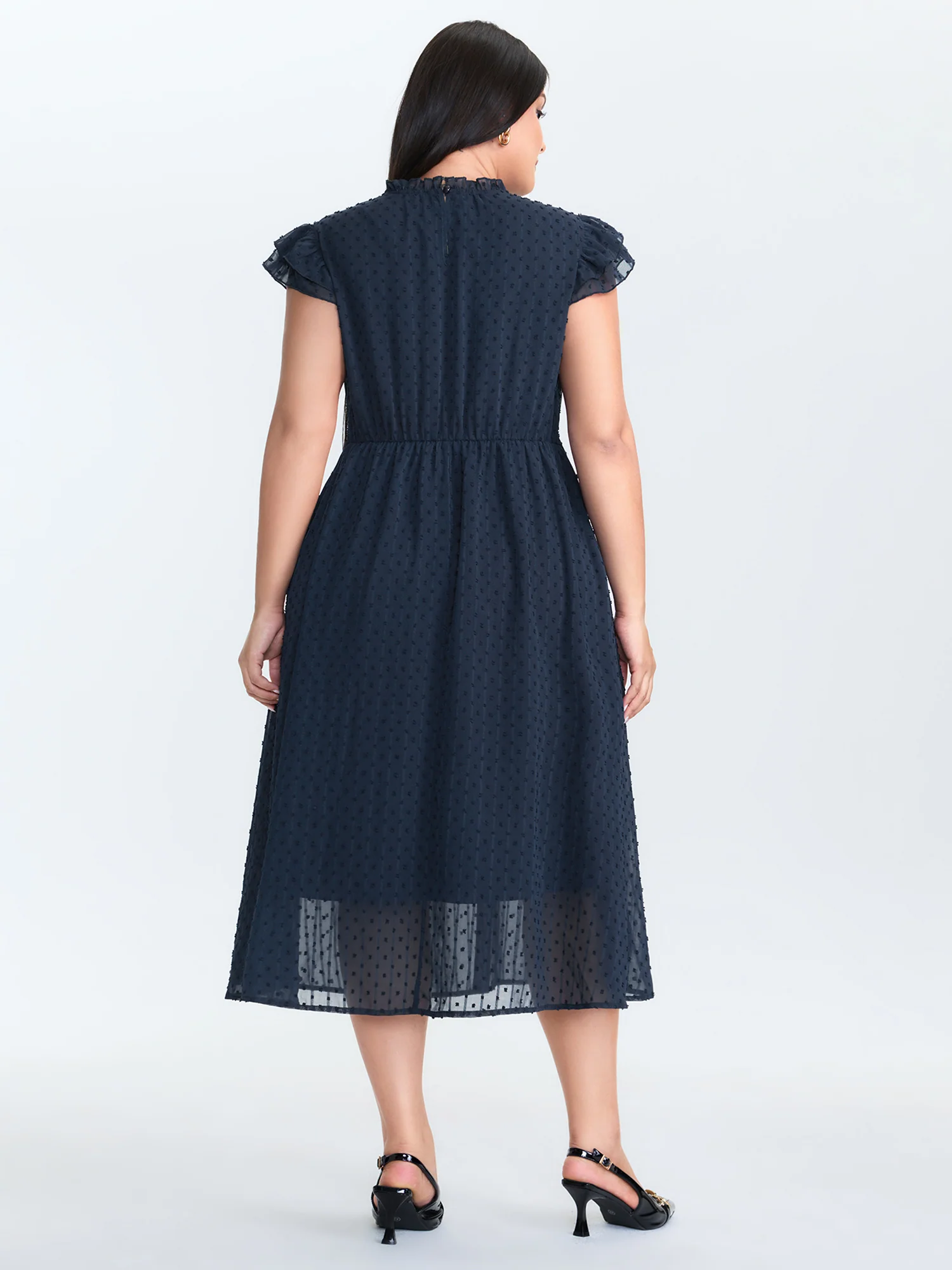 Textured Sheer Ruffled Mock Neckline Midi Dress - Image 5