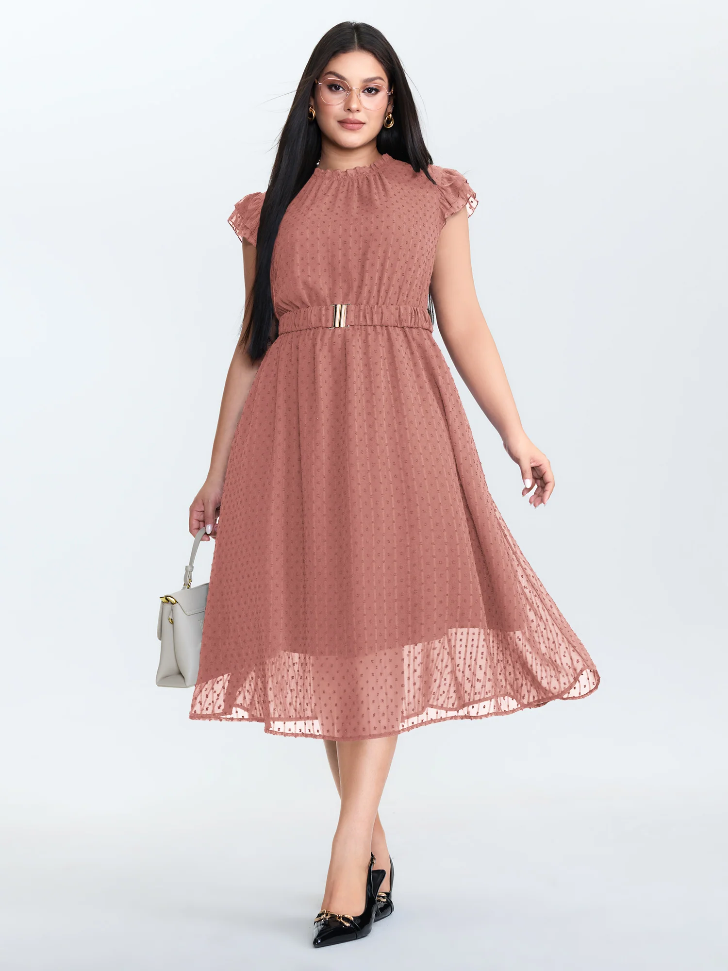 Textured Sheer Ruffled Mock Neckline Midi Dress - Image 9