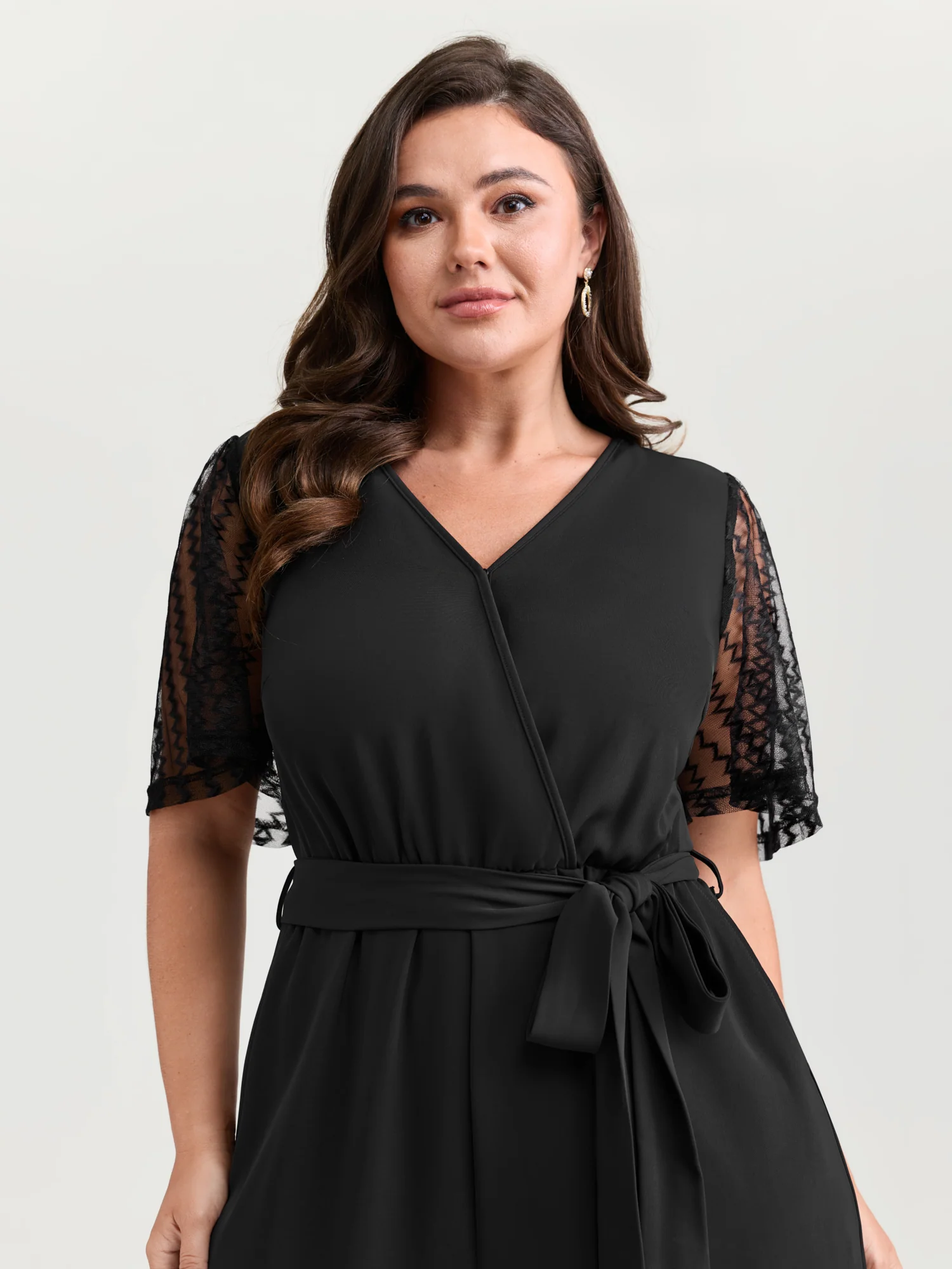 Textured Sheer Sleeve Stretchy Waist Tie Jumpsuit - Image 2