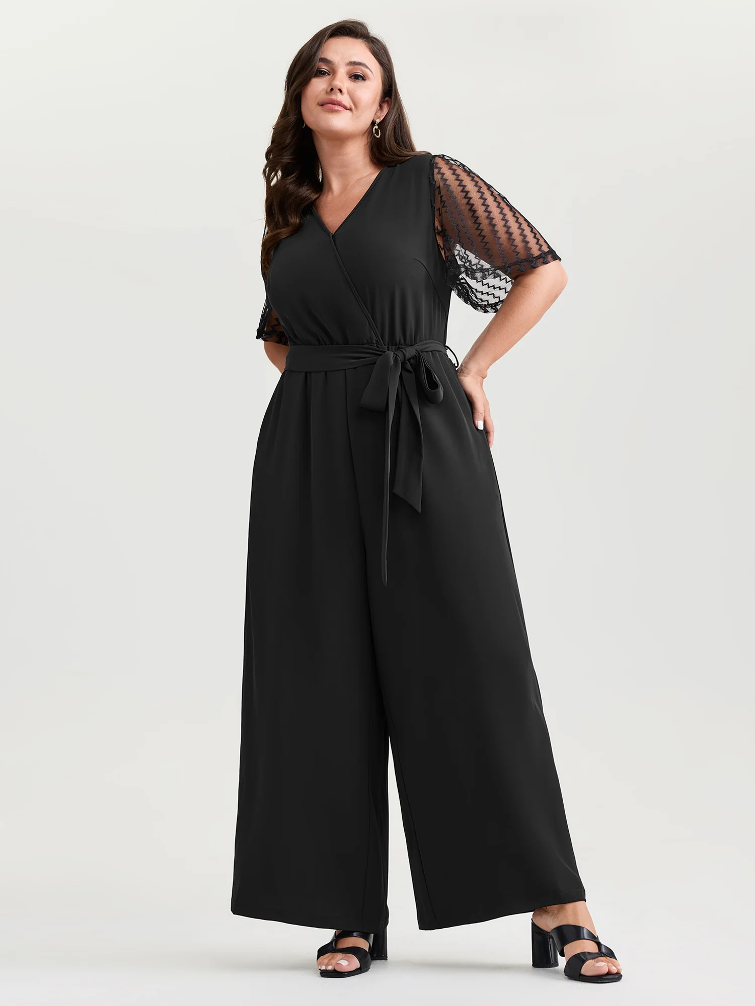Textured Sheer Sleeve Stretchy Waist Tie Jumpsuit - Image 3