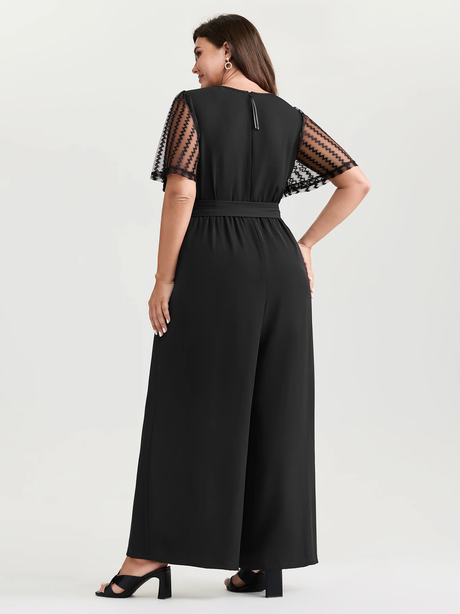 Textured Sheer Sleeve Stretchy Waist Tie Jumpsuit - Image 4