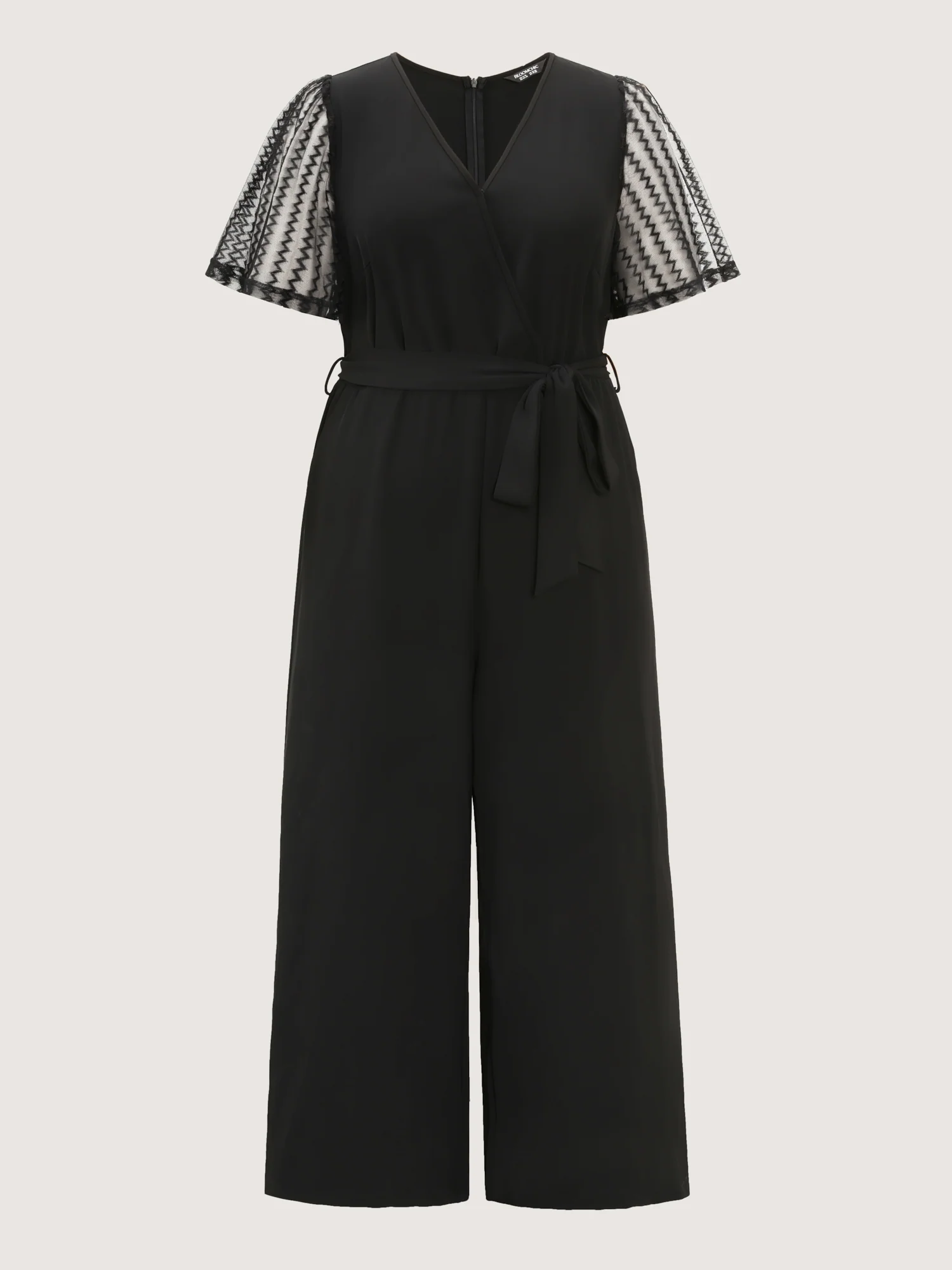 Textured Sheer Sleeve Stretchy Waist Tie Jumpsuit - Image 7