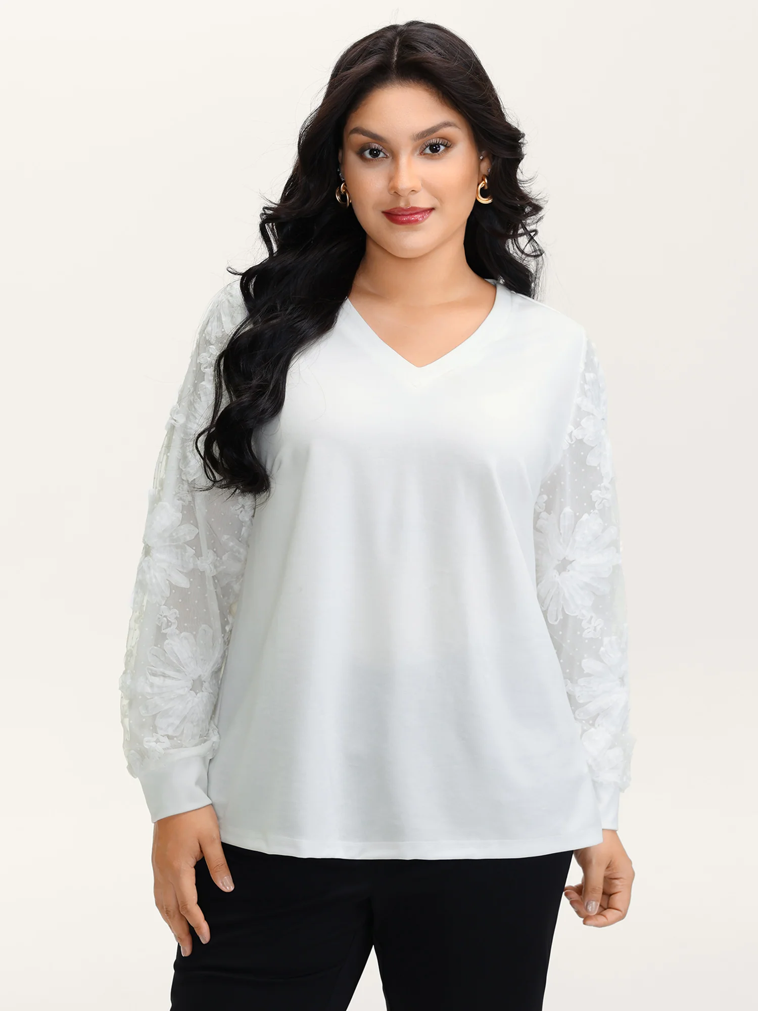 Textured Sheer Sleeve V-Neck T-Shirt - Image 2