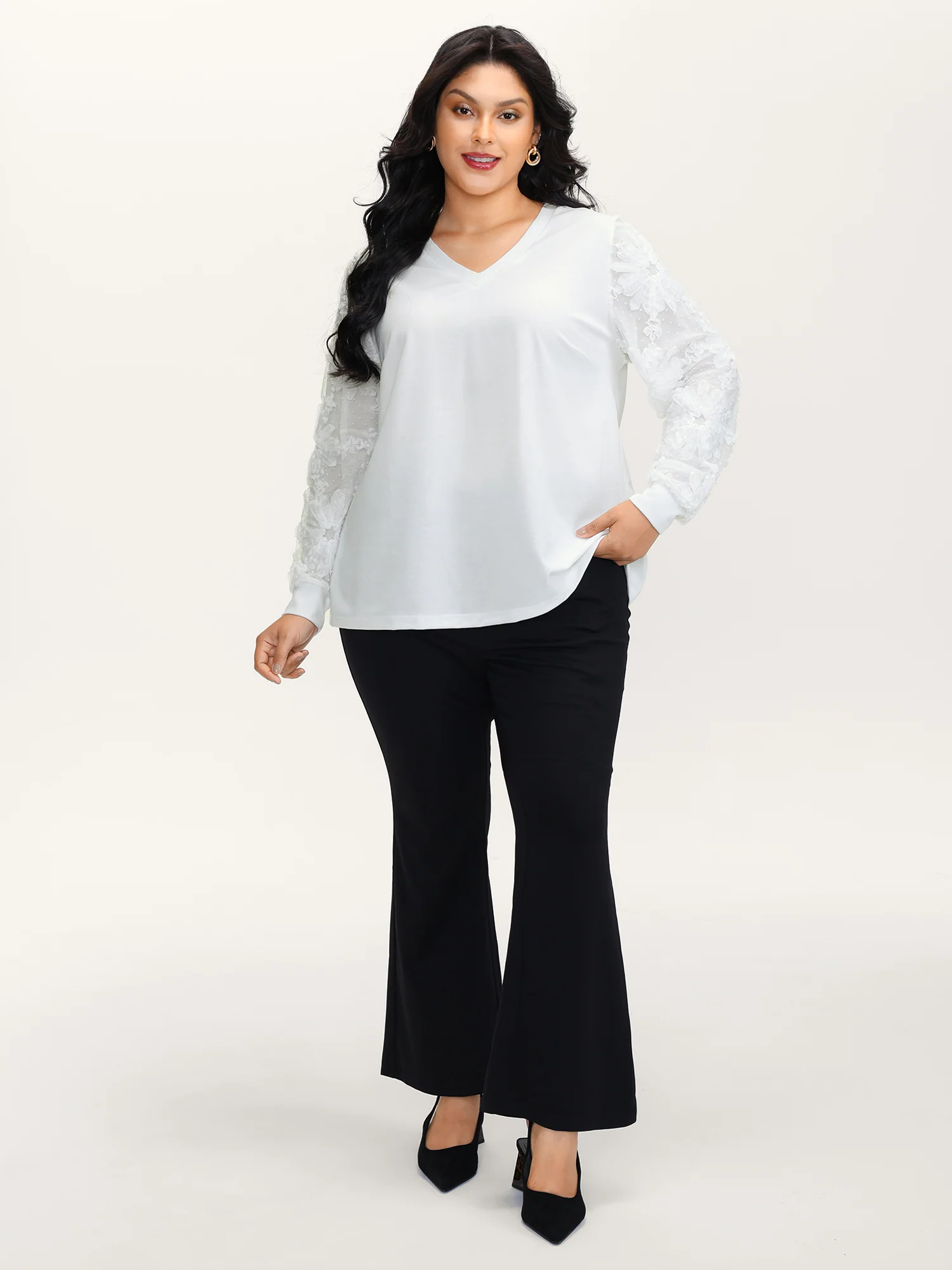 Textured Sheer Sleeve V-Neck T-Shirt - Image 3