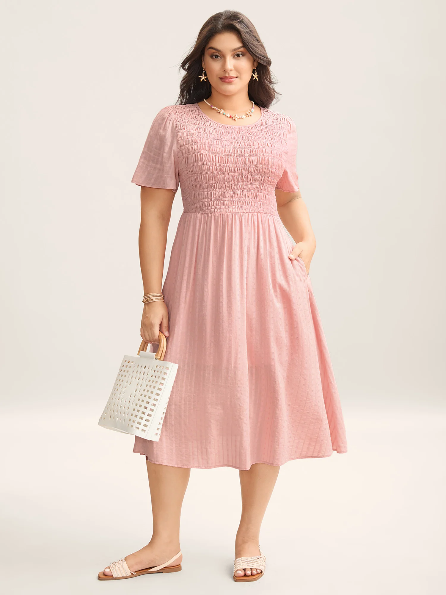 Cotton Textured Shirred Bodice Pleated Midi Dress - Image 2