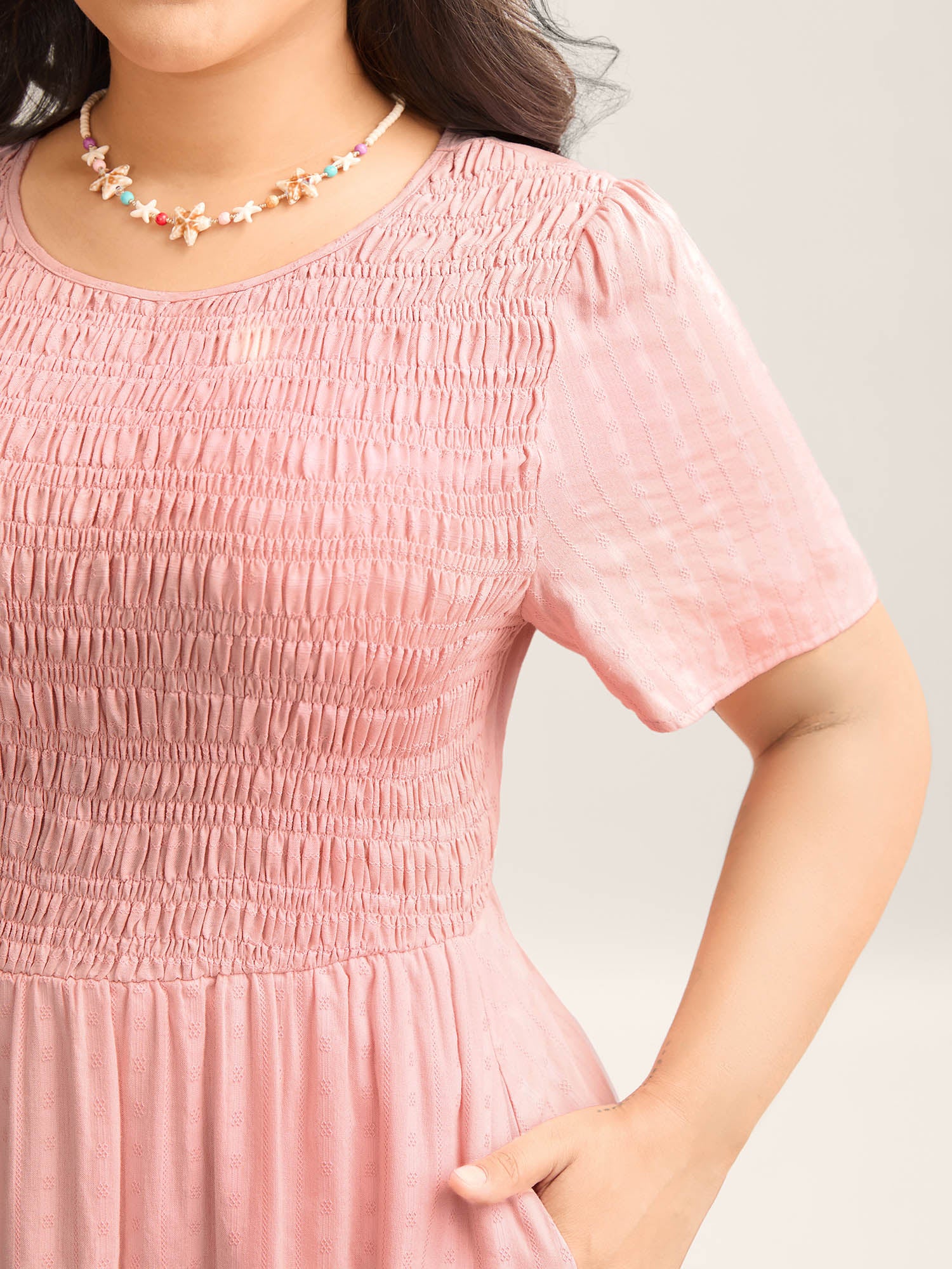 Cotton Textured Shirred Bodice Pleated Midi Dress - Image 3