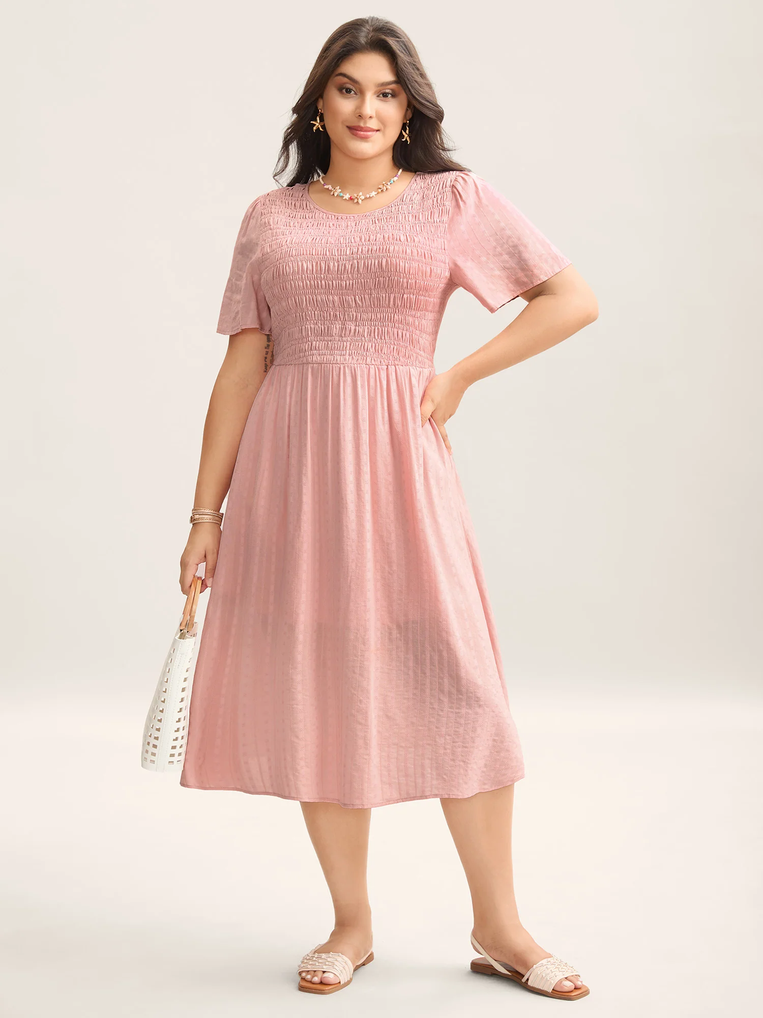 Cotton Textured Shirred Bodice Pleated Midi Dress - Image 4
