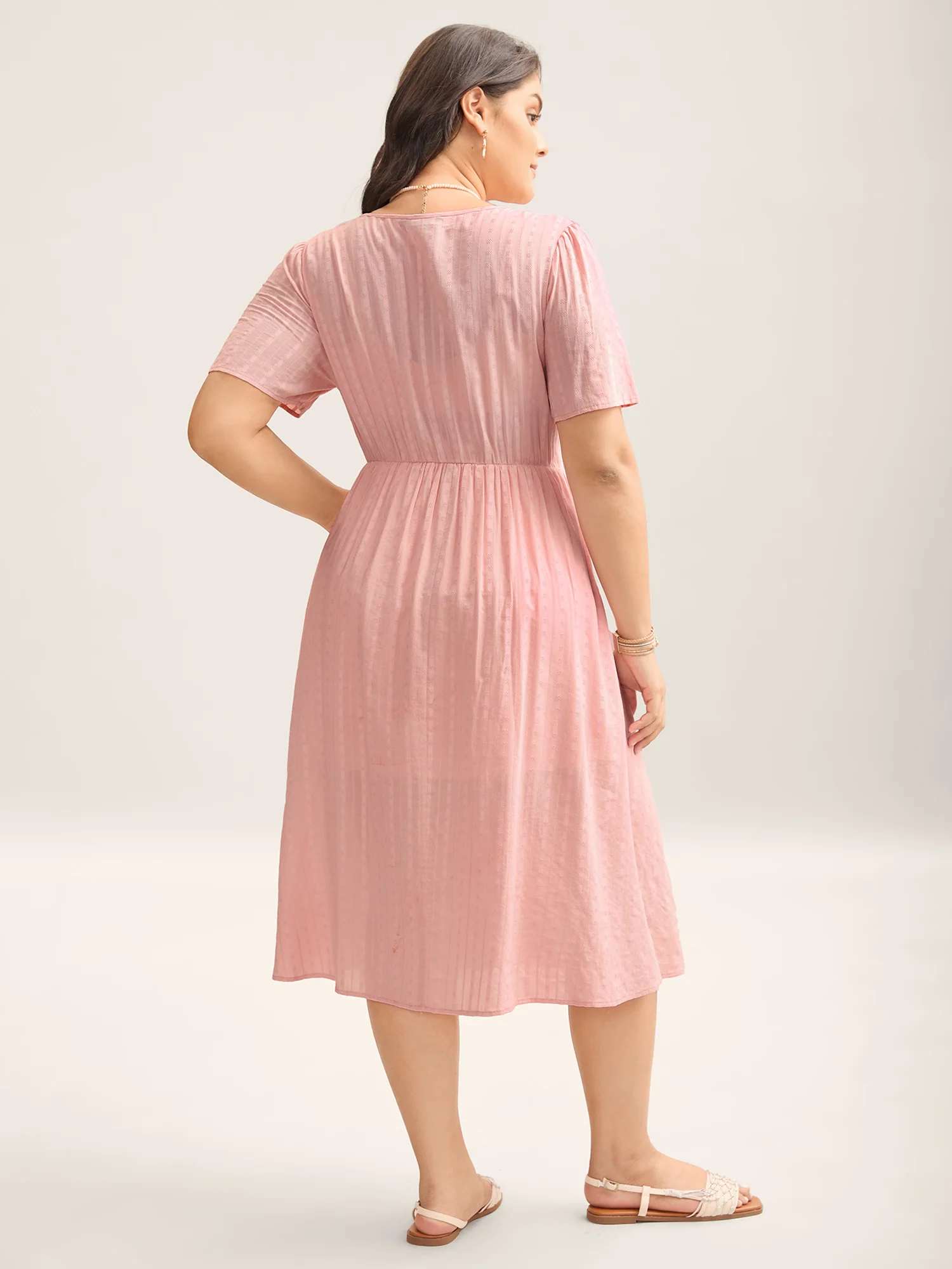 Cotton Textured Shirred Bodice Pleated Midi Dress - Image 5