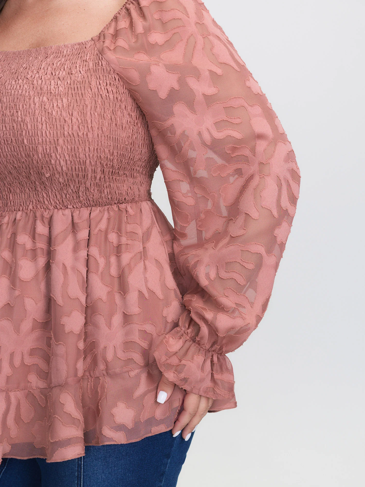 Textured Shirred Bodice Ruffled Cuff Blouse - Image 4