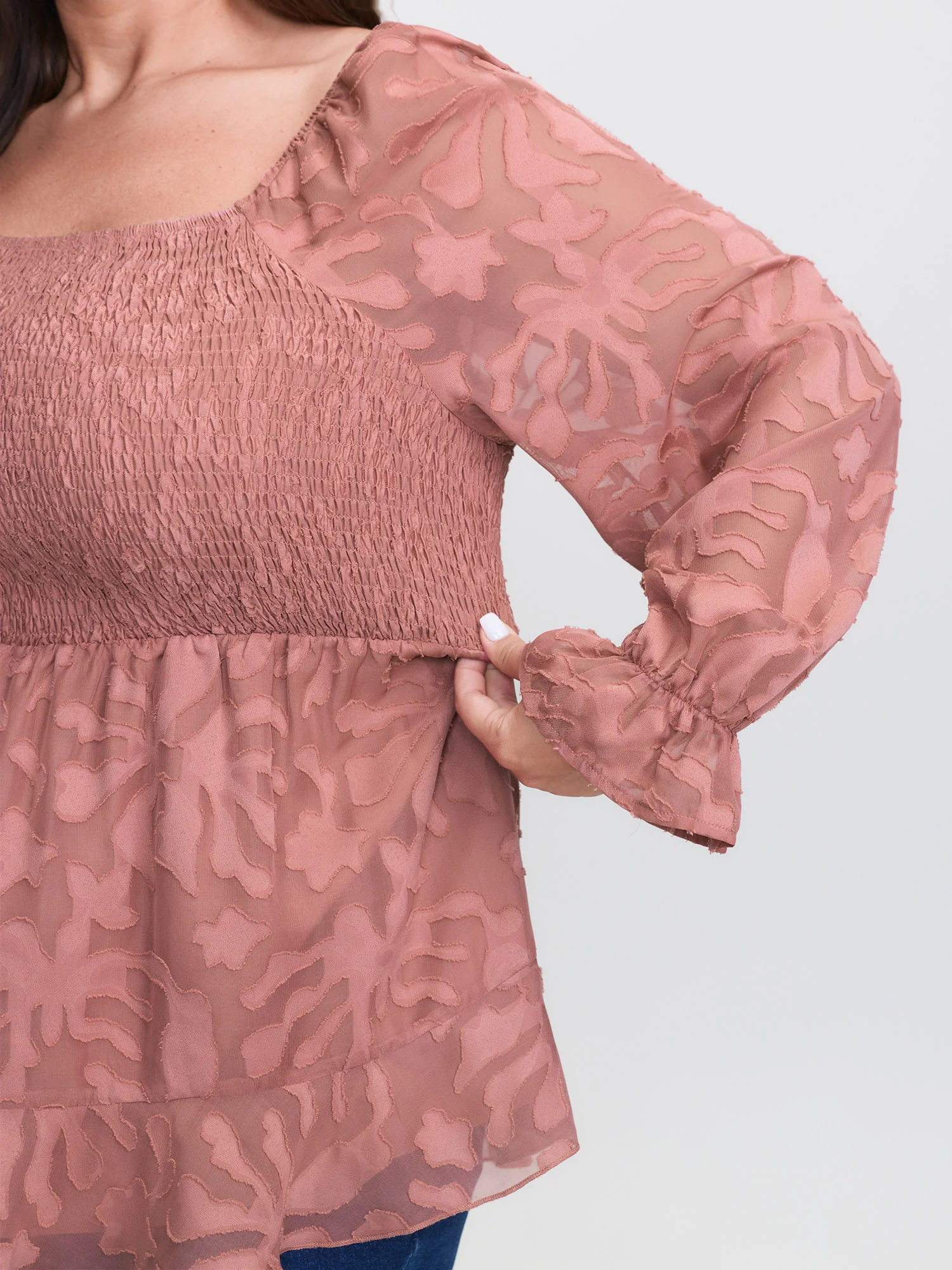 Textured Shirred Bodice Ruffled Cuff Blouse - Image 5