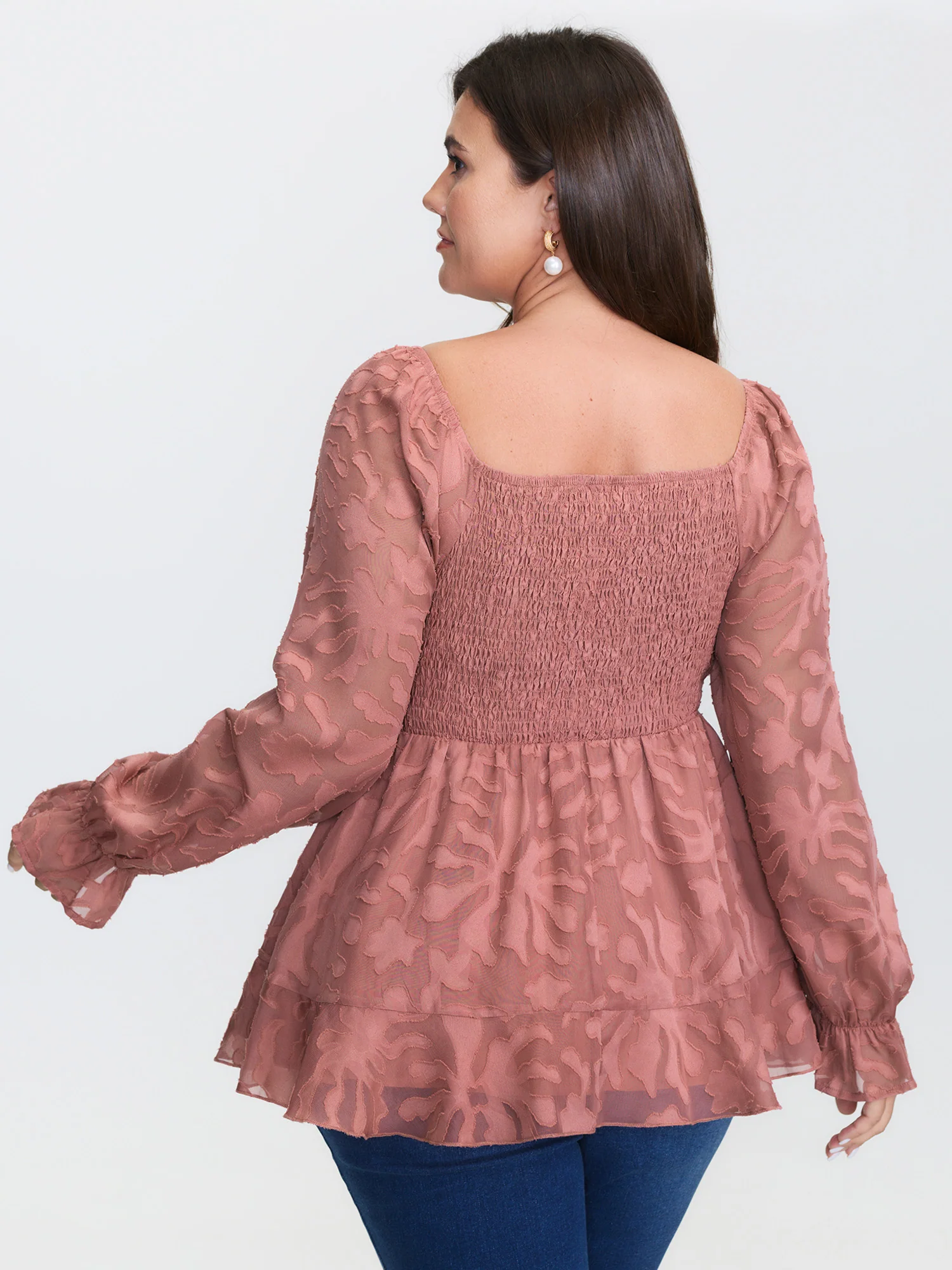 Textured Shirred Bodice Ruffled Cuff Blouse - Image 6