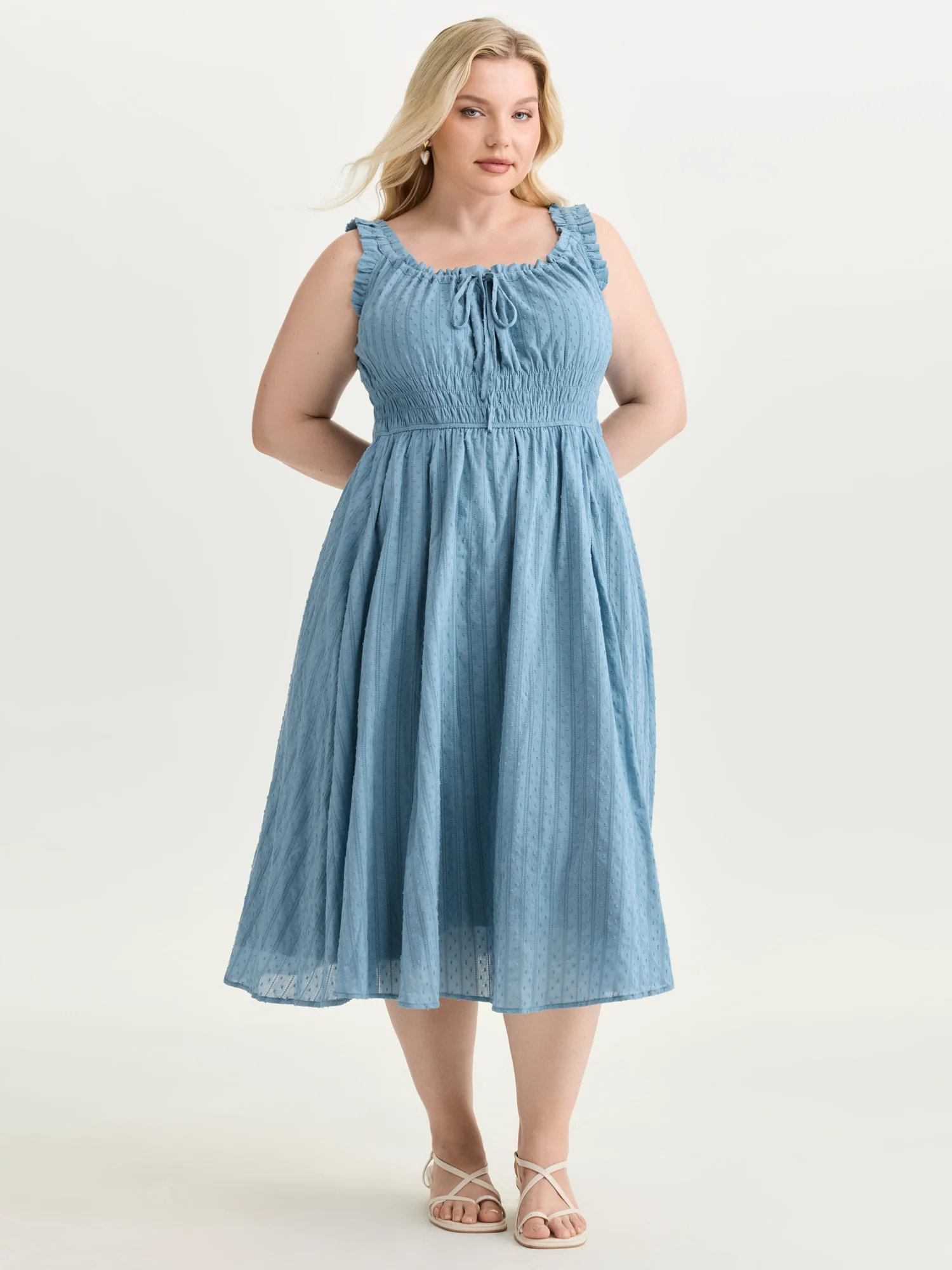 Textured Shirred Bodice Ruffled Straps Midi Dress