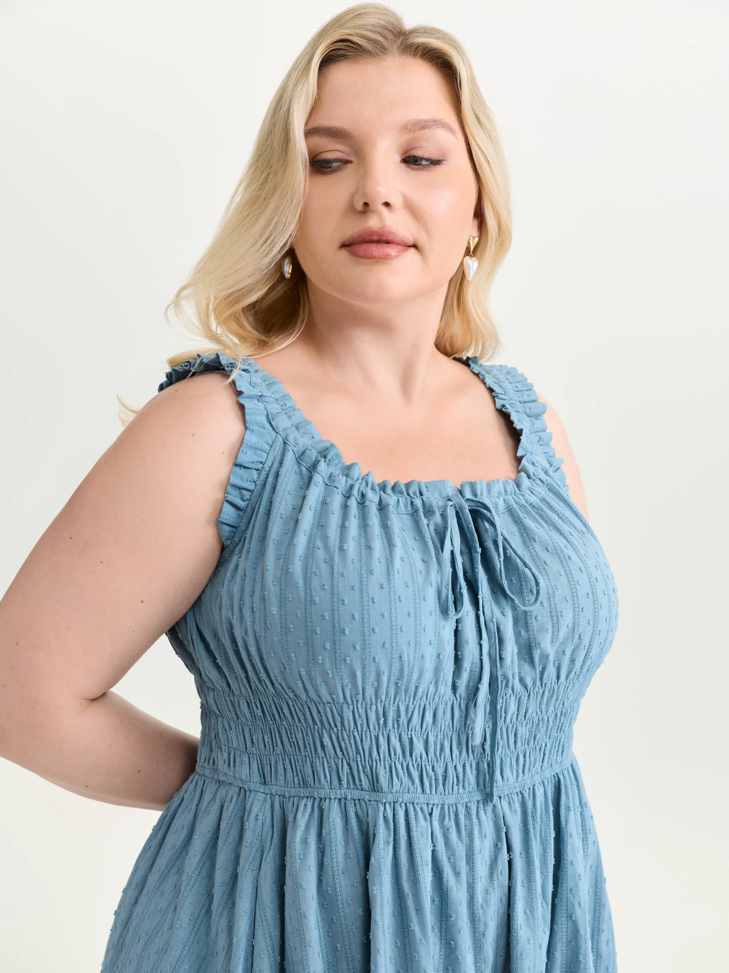 Textured Shirred Bodice Ruffled Straps Midi Dress - Image 2