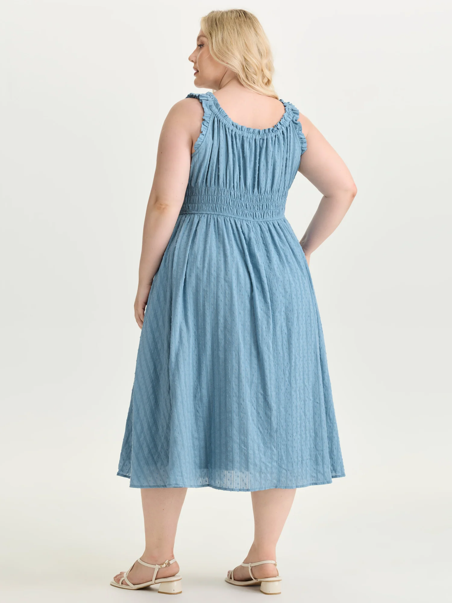 Textured Shirred Bodice Ruffled Straps Midi Dress - Image 4