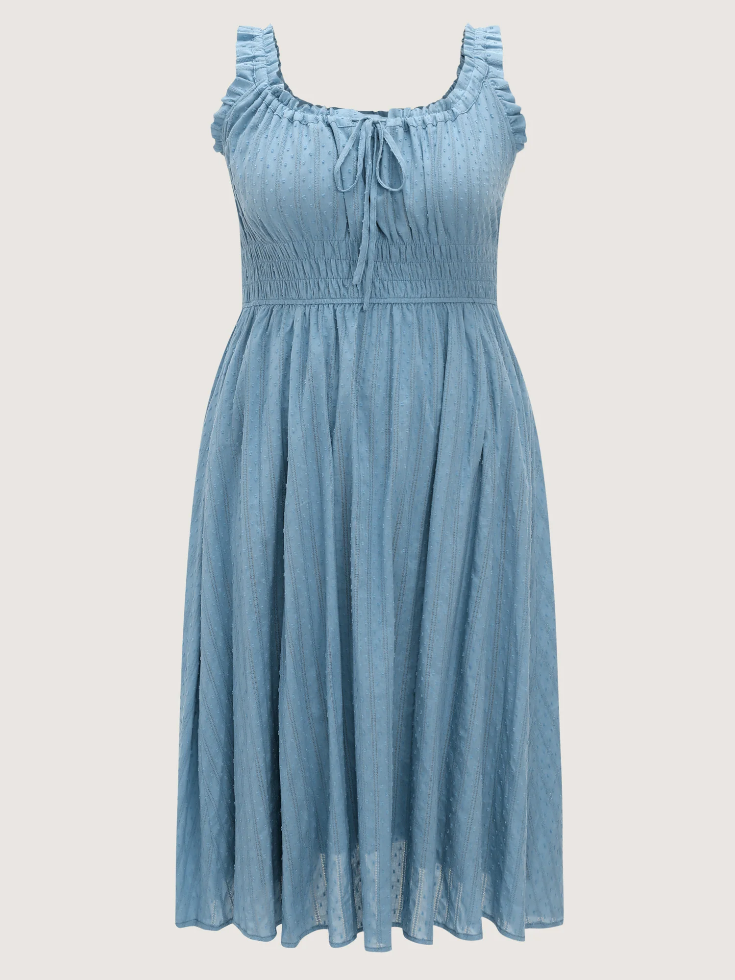 Textured Shirred Bodice Ruffled Straps Midi Dress - Image 7