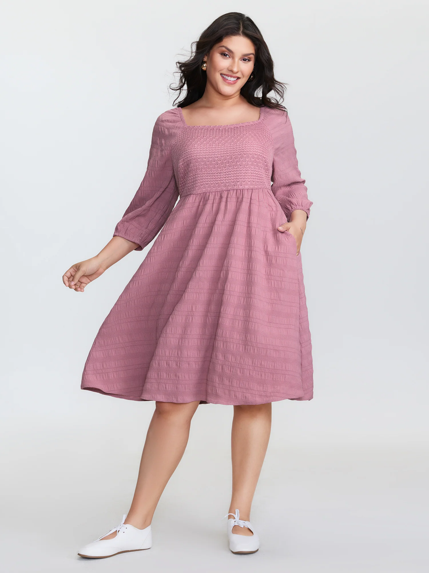 Textured Shirred Bodice Square Neckline Mini Dress - Image 2