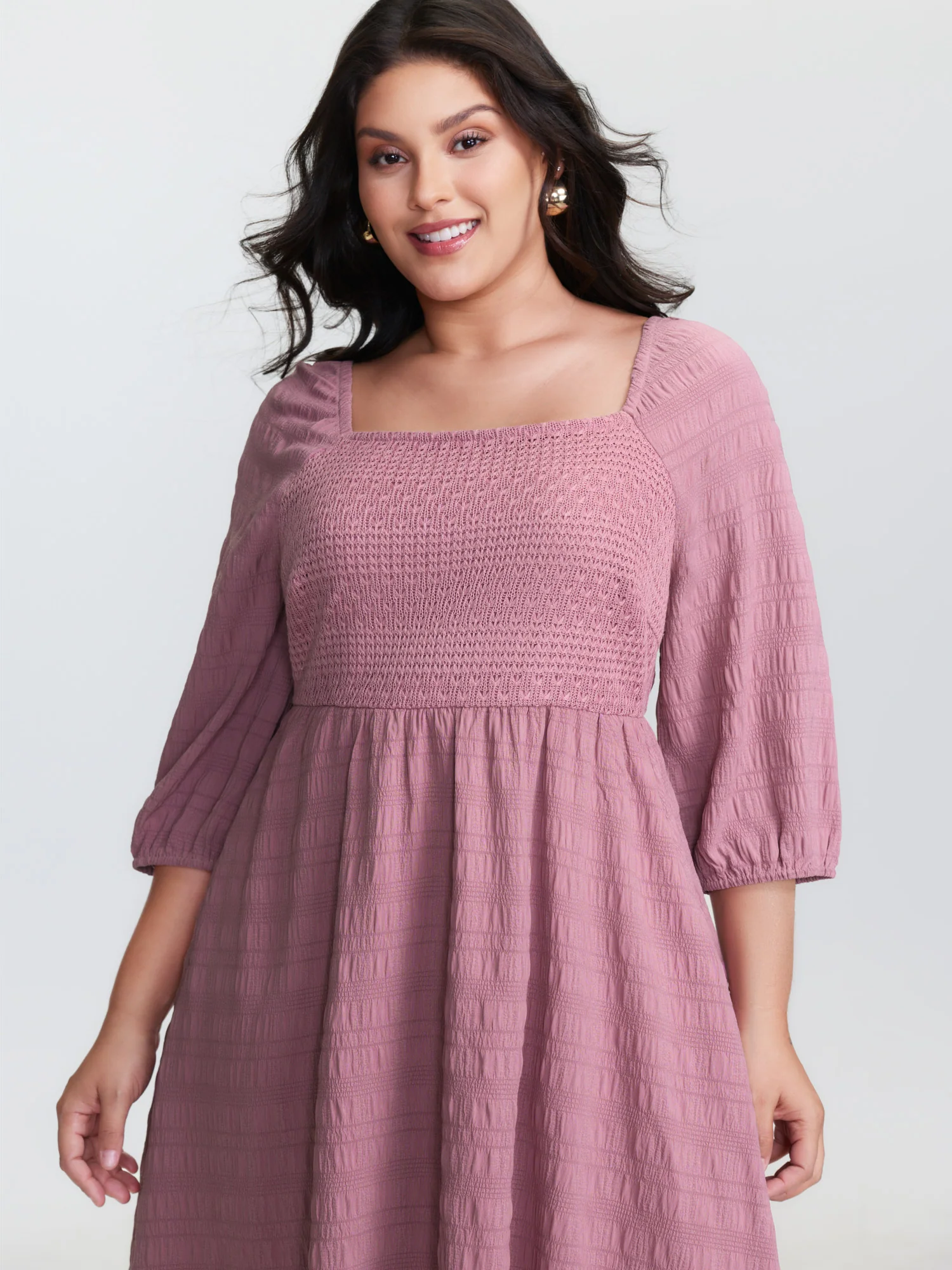 Textured Shirred Bodice Square Neckline Mini Dress - Image 3