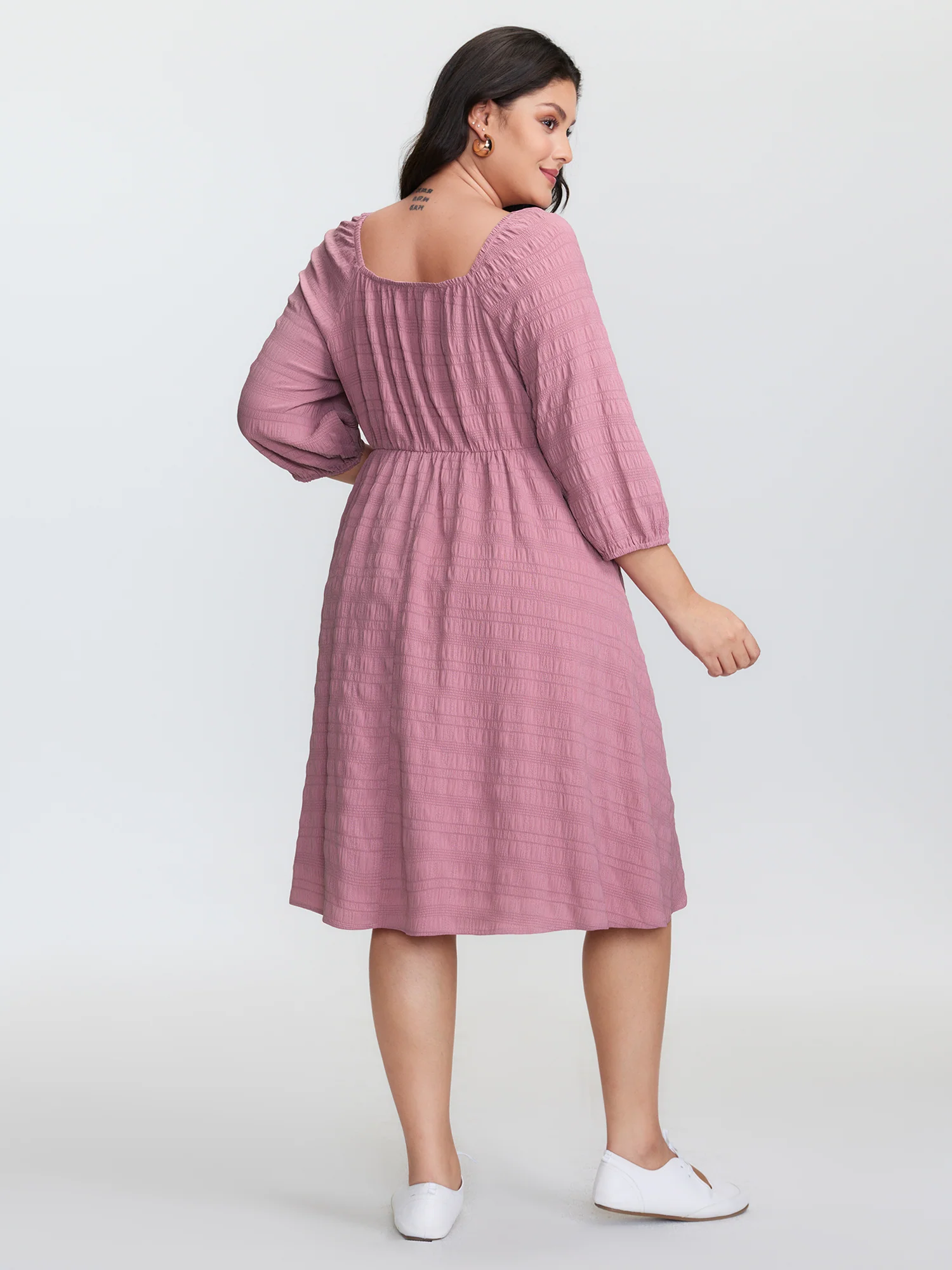 Textured Shirred Bodice Square Neckline Mini Dress - Image 5