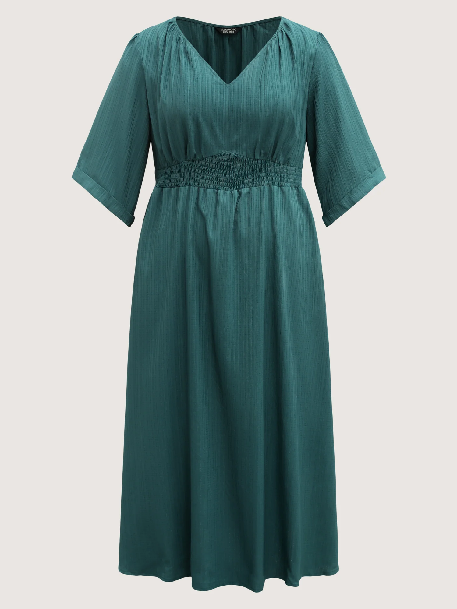 Textured Shirred-Waist Adjustable Pockets Midi Dress - Image 7