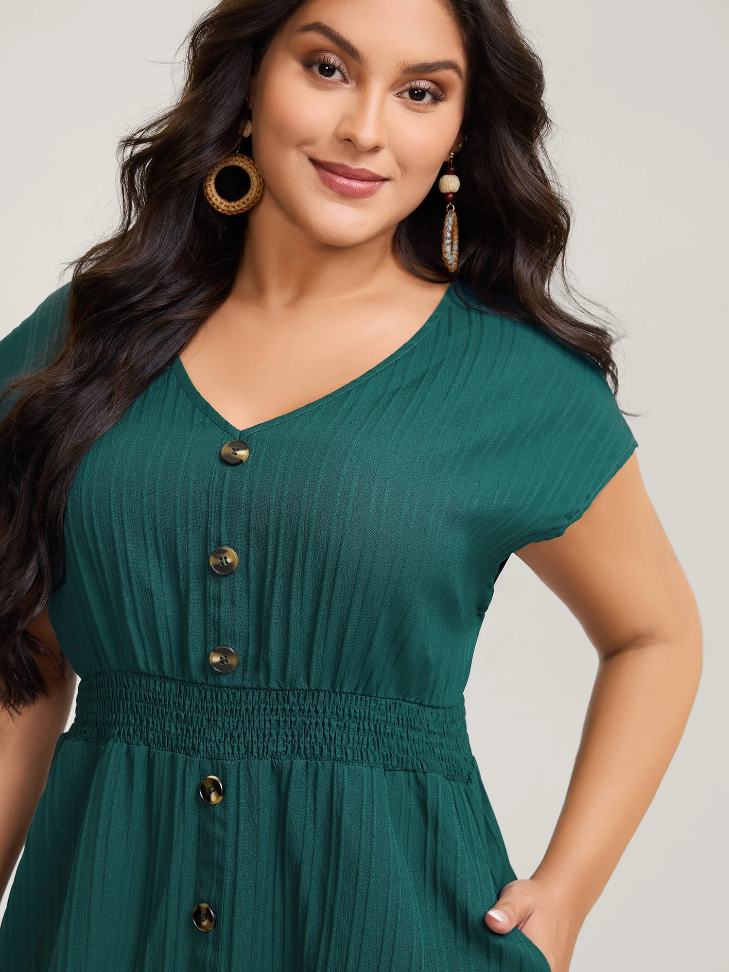 Textured Shirred Waist Button Midi Dress - Image 2