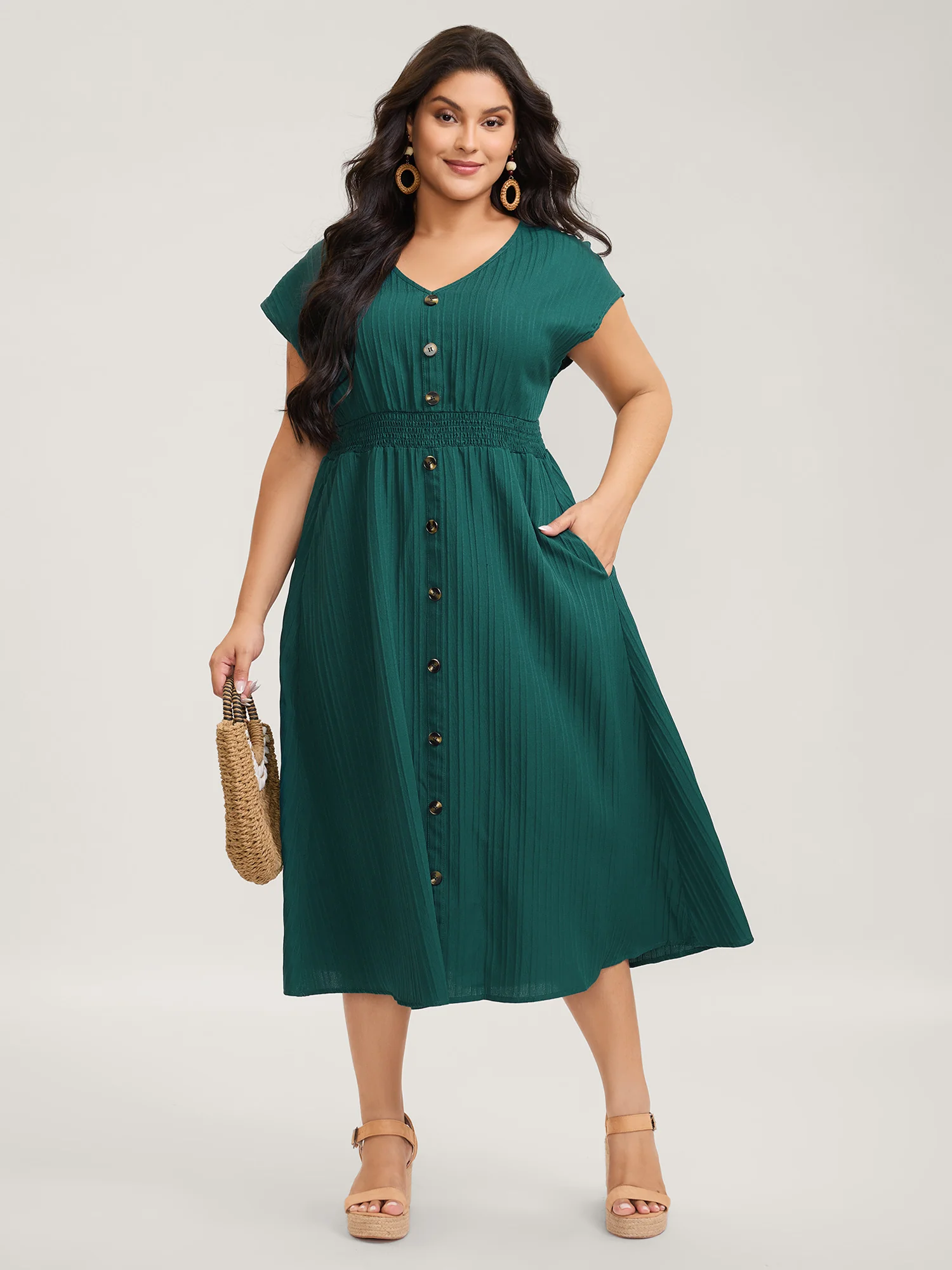 Textured Shirred Waist Button Midi Dress - Image 3