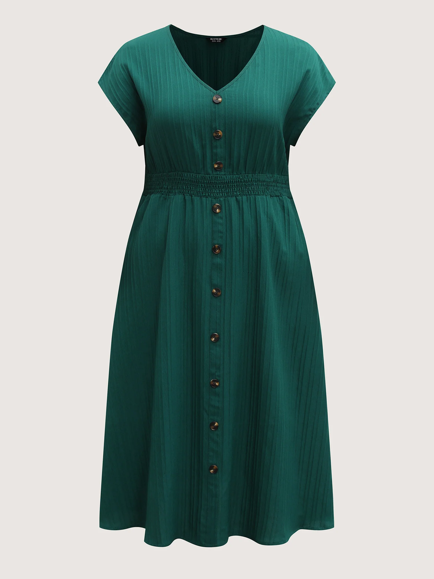 Textured Shirred Waist Button Midi Dress - Image 7