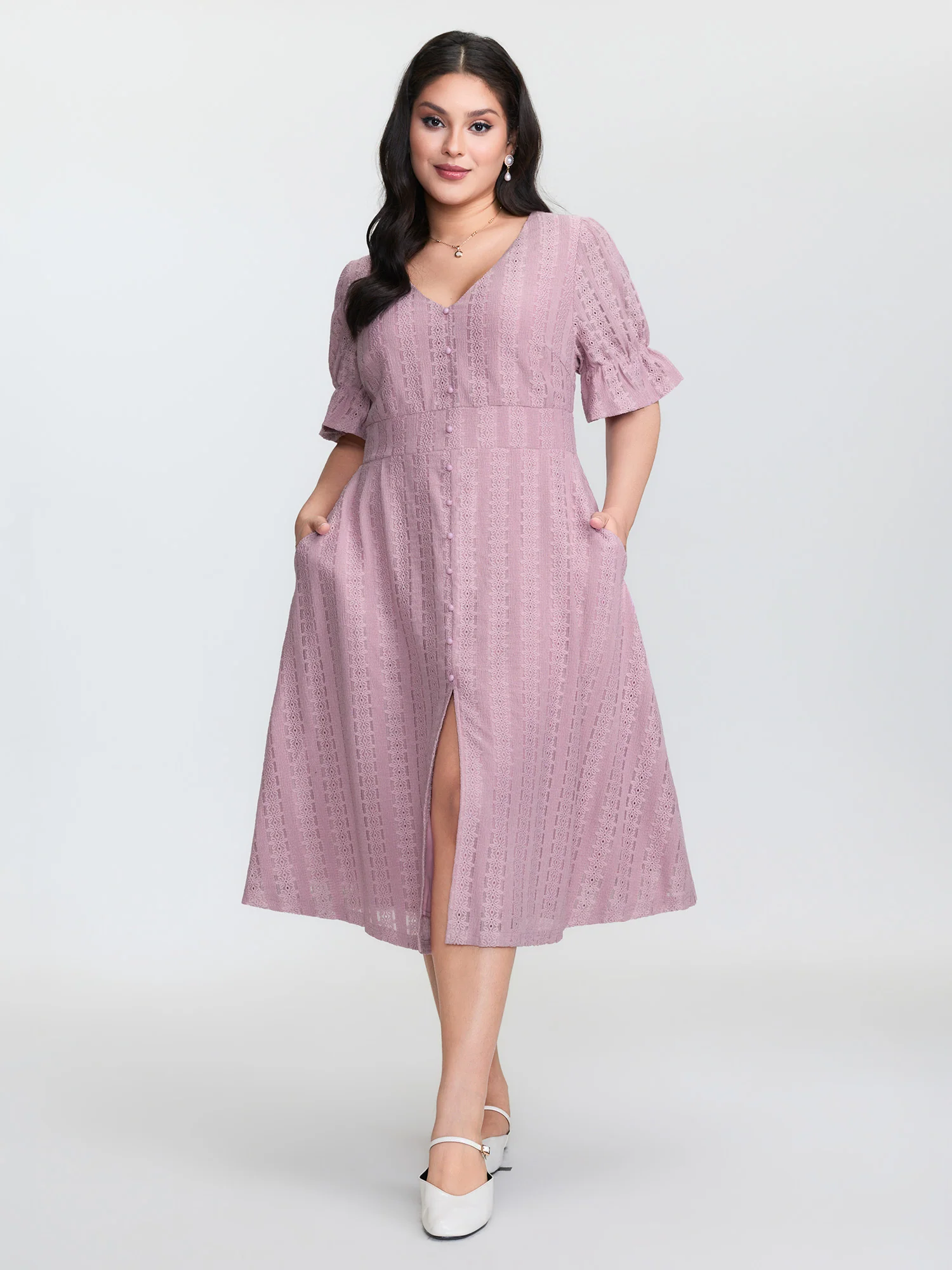 Textured Shirred Waist Cut-Out Midi Dress - Image 2