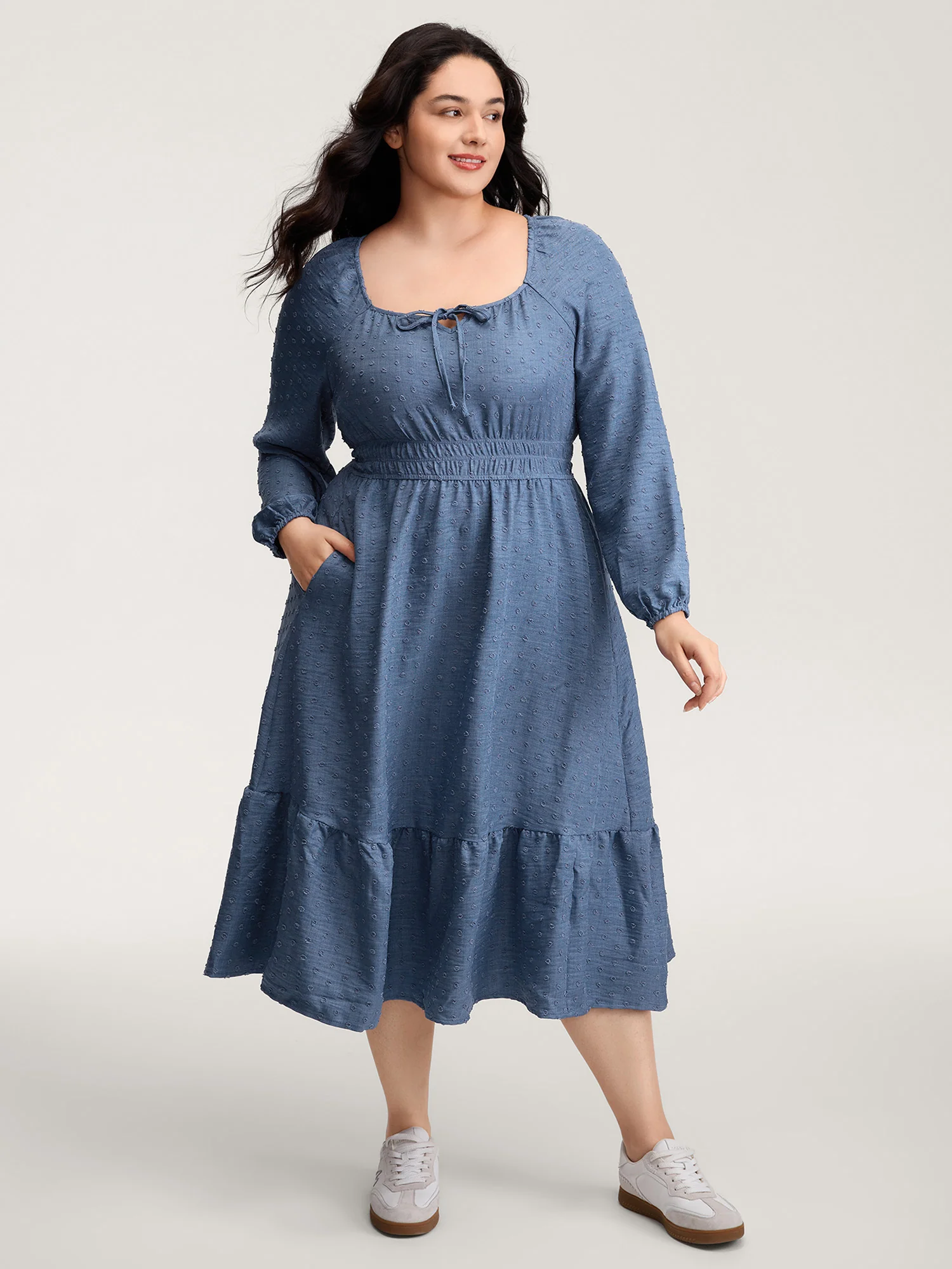 Textured Shirred Waist Neck-Tie Maxi Dress - Image 3