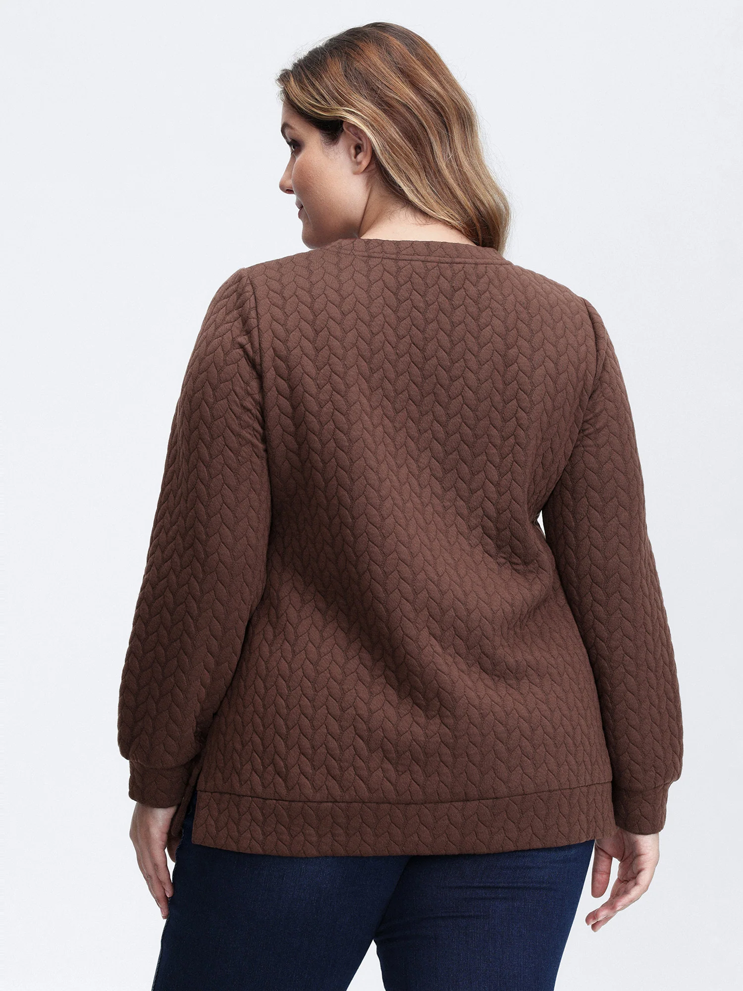 Textured Side Slit Round Neck Sweatshirt - Image 4