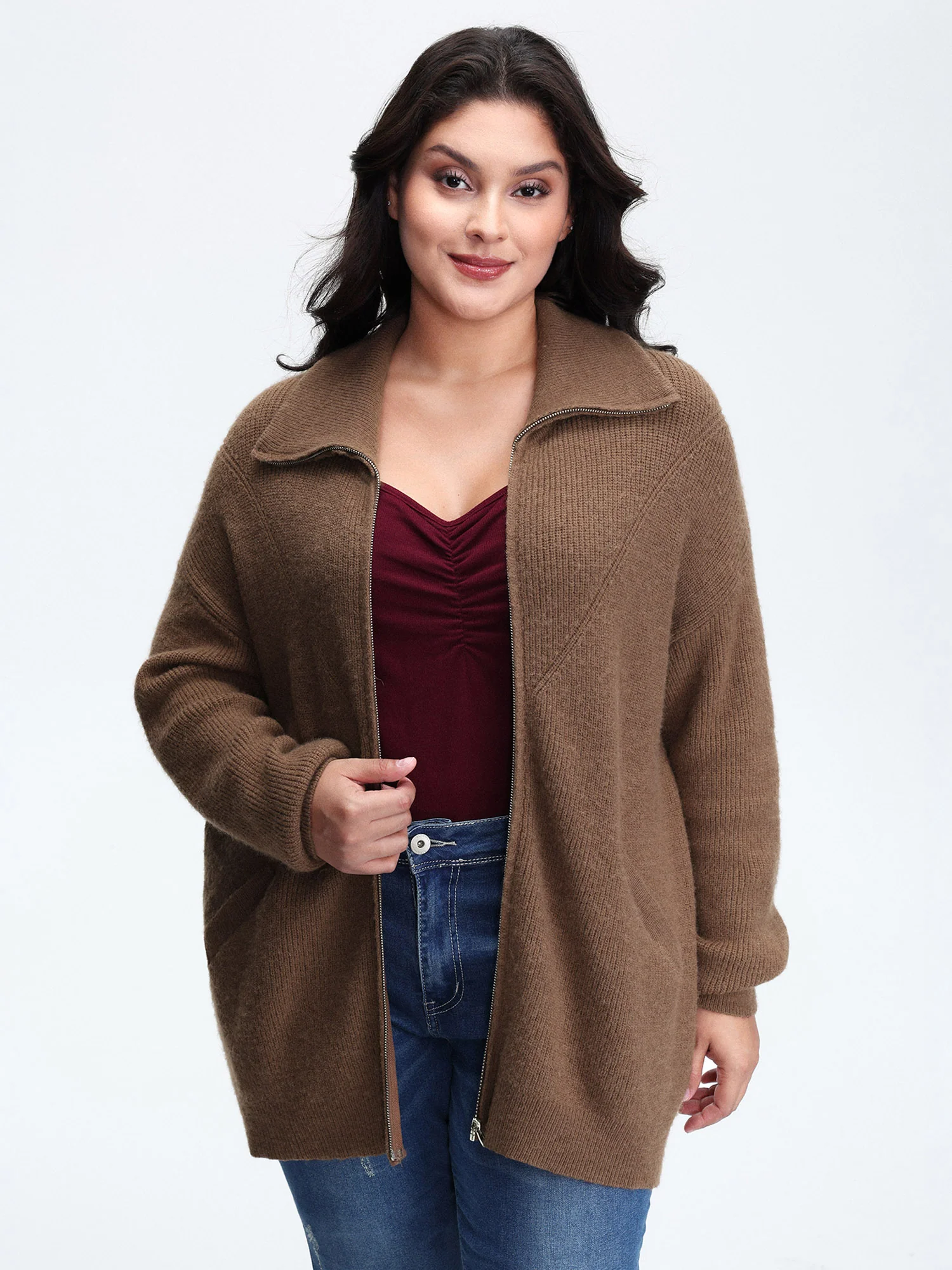 Textured Slant Pockets Zipper-Front Knit Cardigan - Image 2
