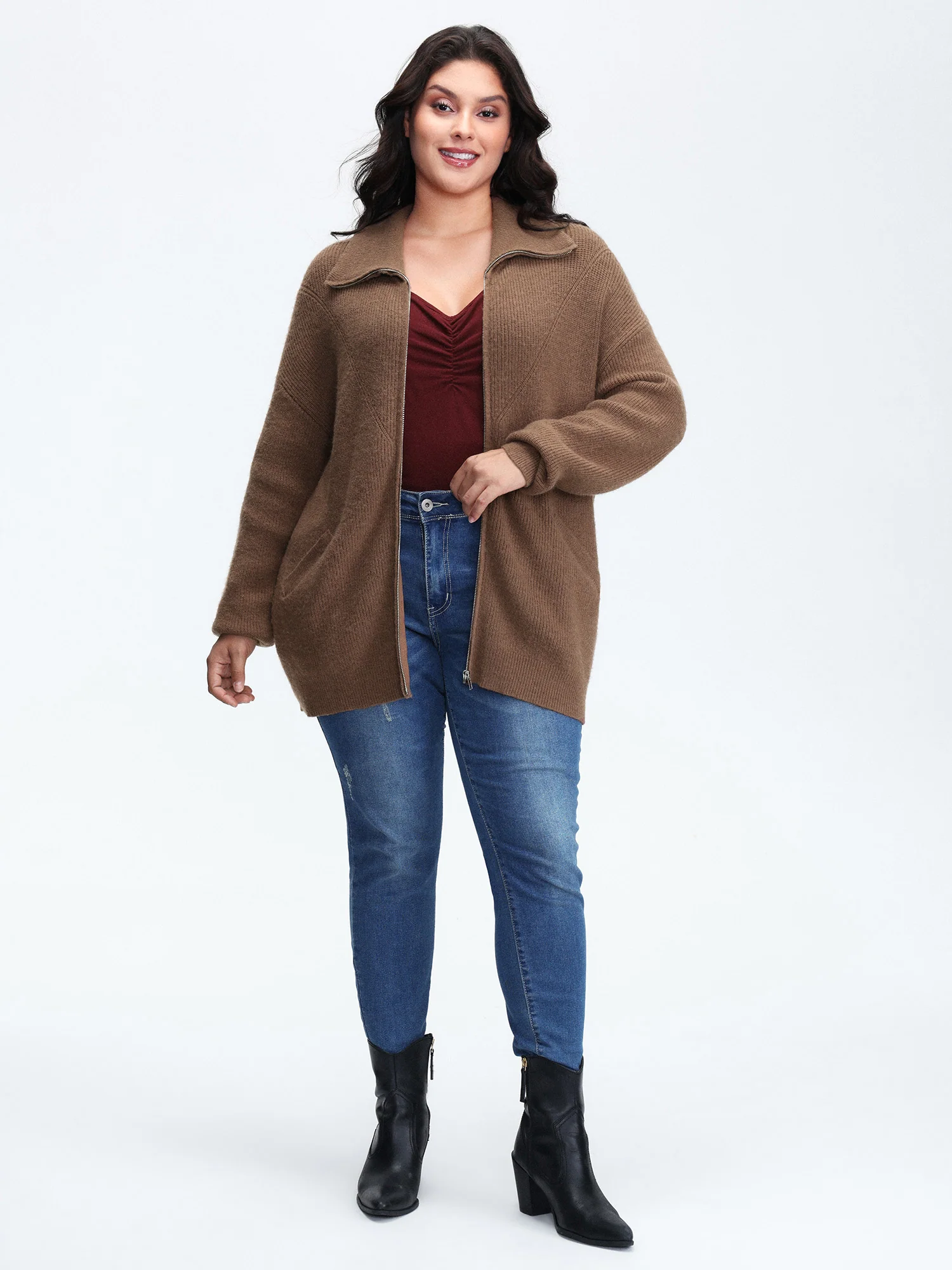 Textured Slant Pockets Zipper-Front Knit Cardigan - Image 3